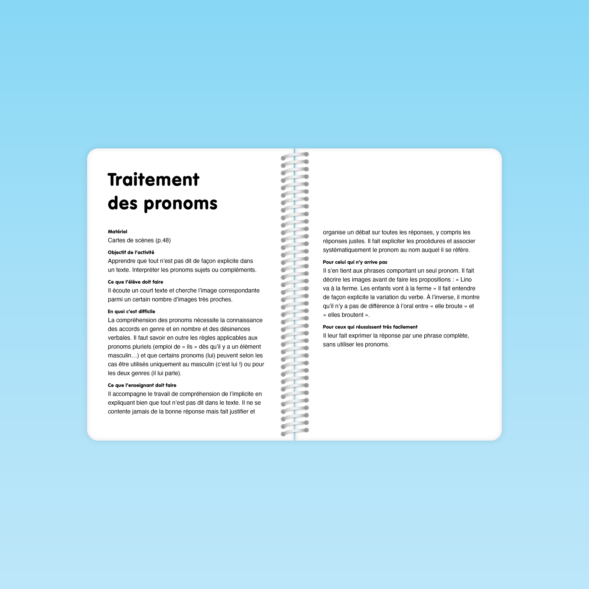 double page du guide de compréhension MS expliquant le traitement des pronoms à travers des scènes