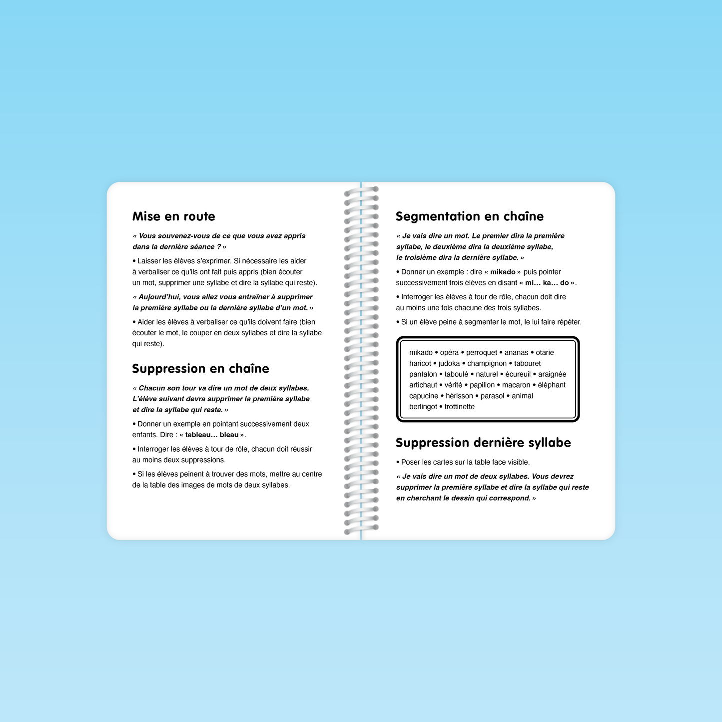 Déroulement d’une séance du guide Conscience phonologique M3 : suppression et segmentation en chaîne des syllabes