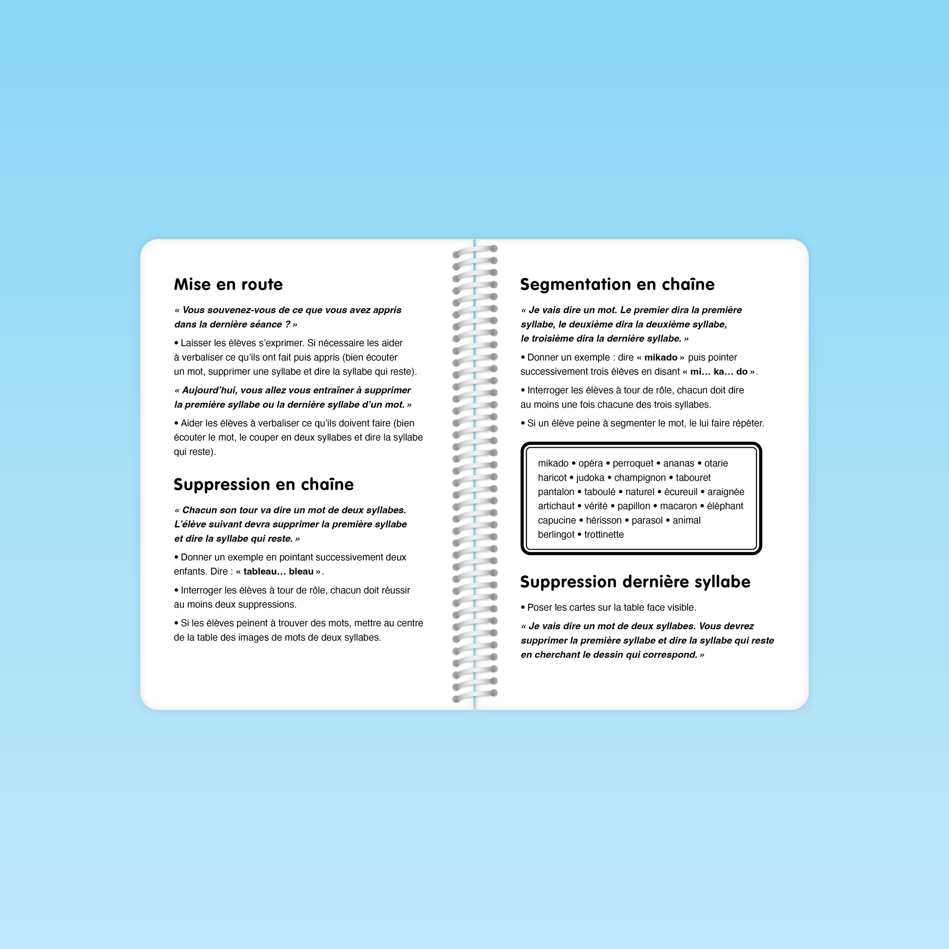 Déroulement d’une séance du guide Conscience phonologique M3 : suppression et segmentation en chaîne des syllabes
