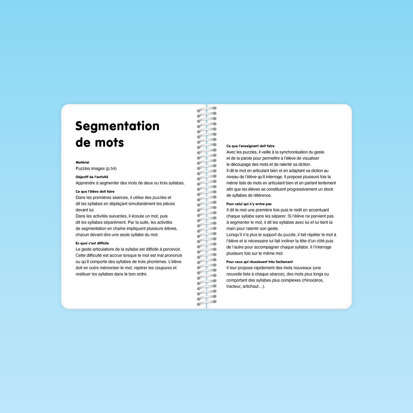 Double page du guide Conscience phonologique M3 décrivant l’activité de segmentation de mots avec puzzles