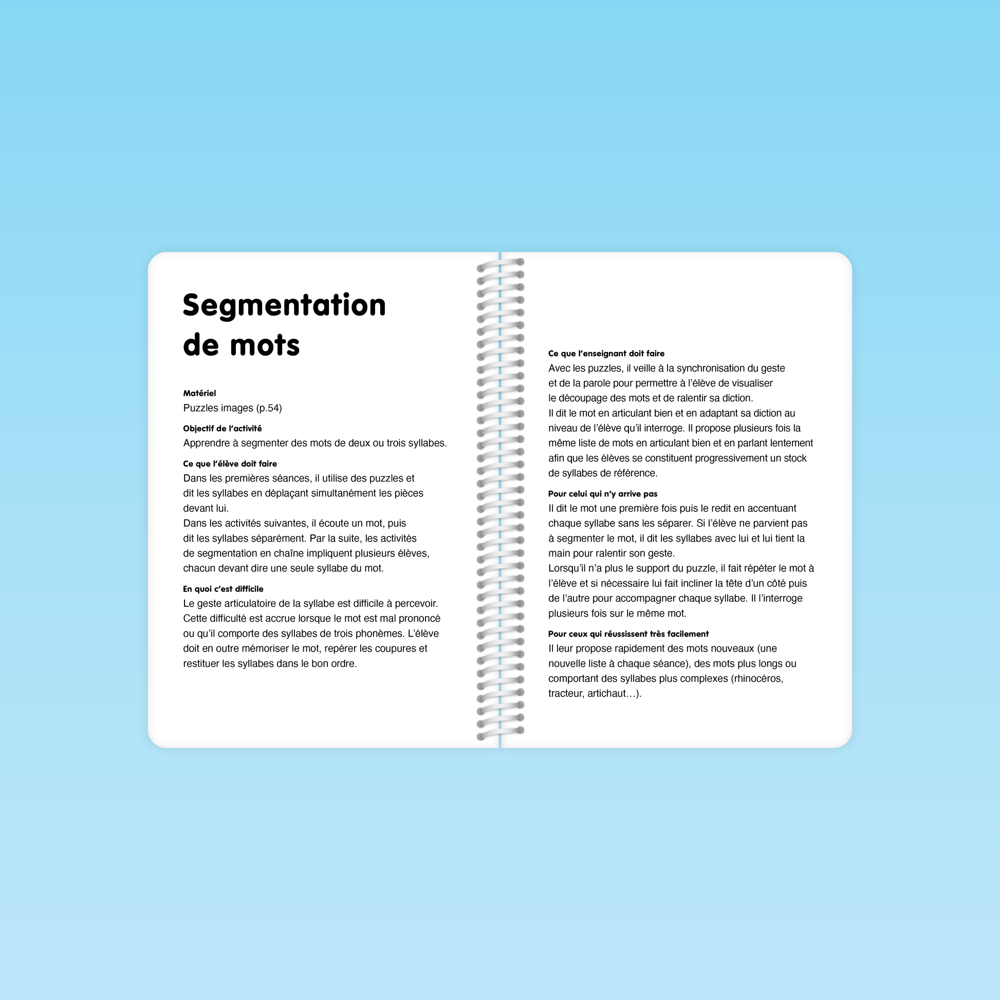 Double page du guide Conscience phonologique M3 décrivant l’activité de segmentation de mots avec puzzles