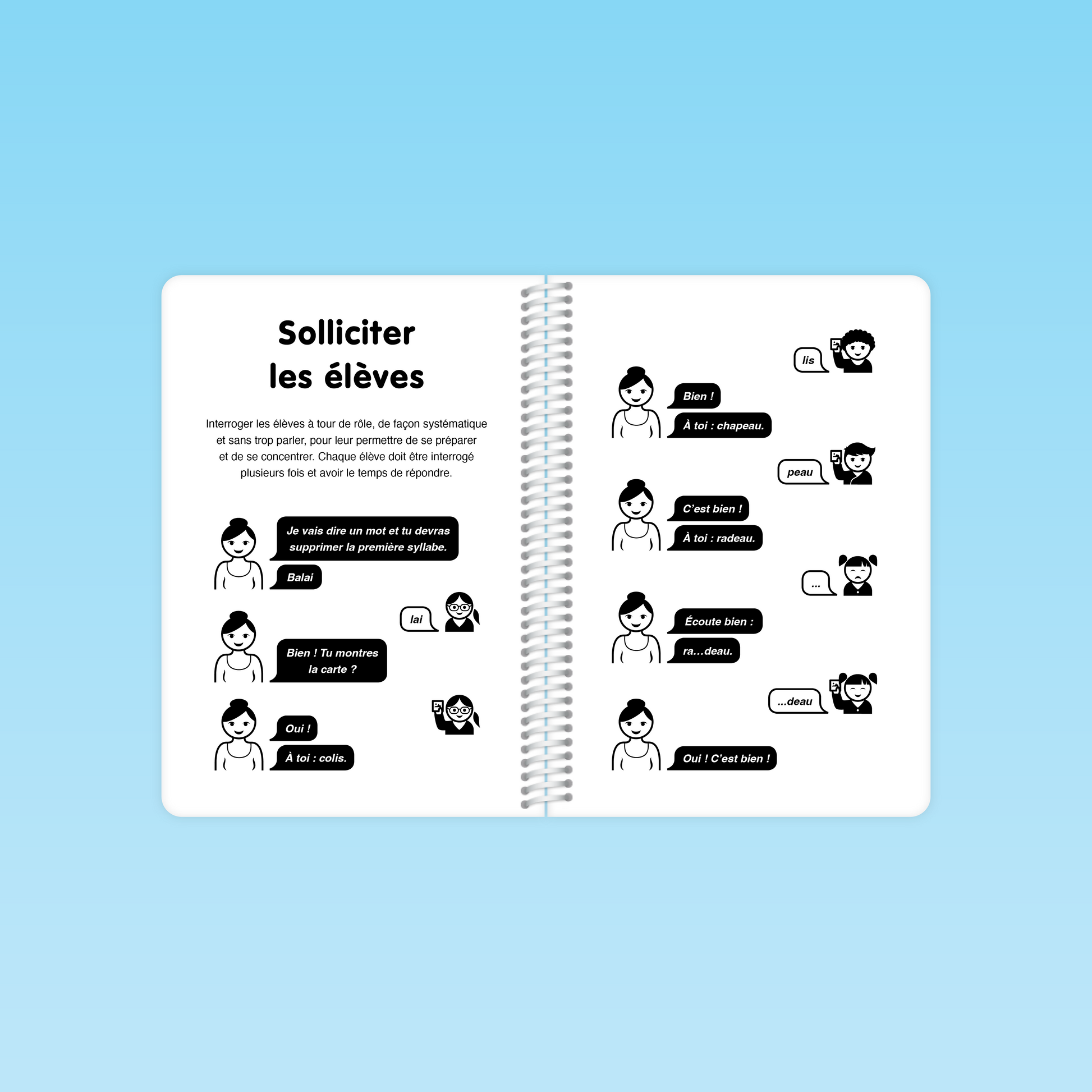 Exemple de dialogue issu du guide Conscience phonologique M3 pour solliciter les élèves sur les syllabes orales