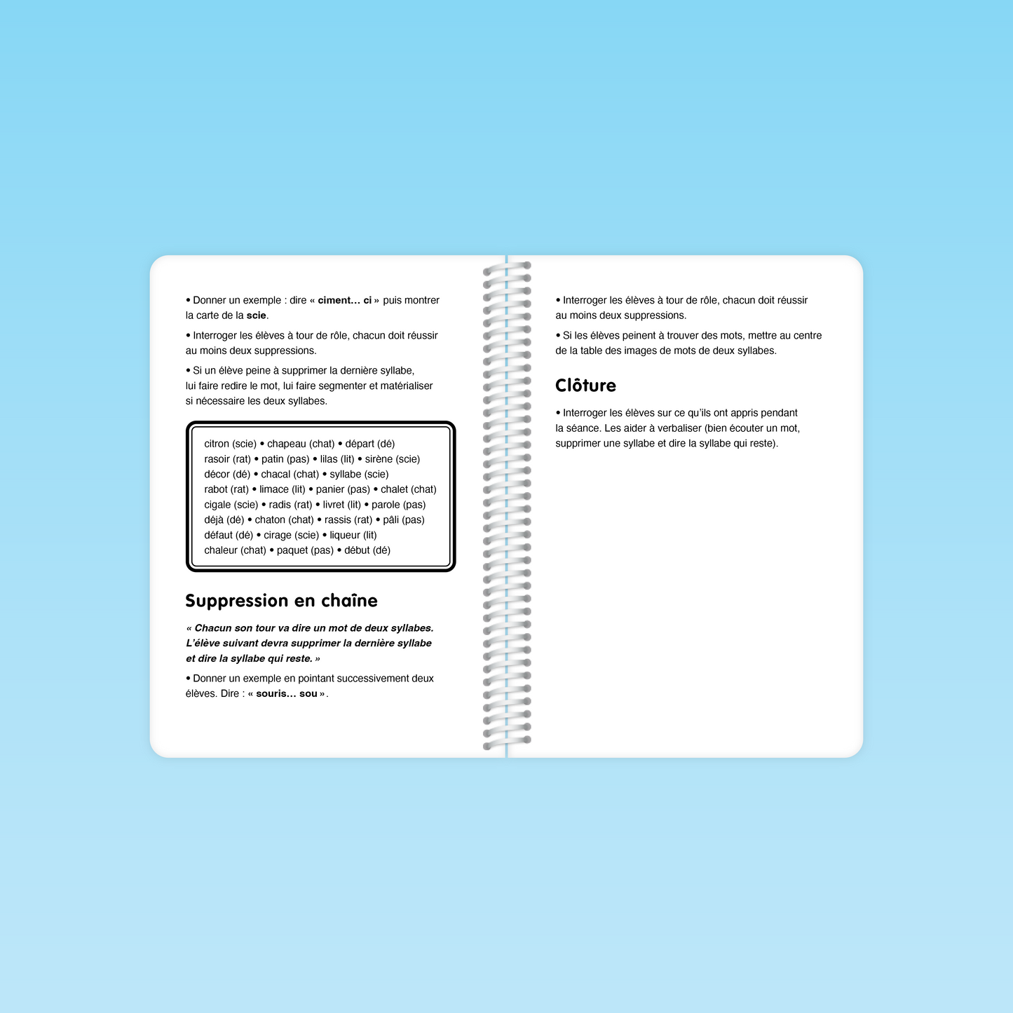 Activité de suppression en chaîne des syllabes avec clôture de séance du guide Conscience phonologique M3