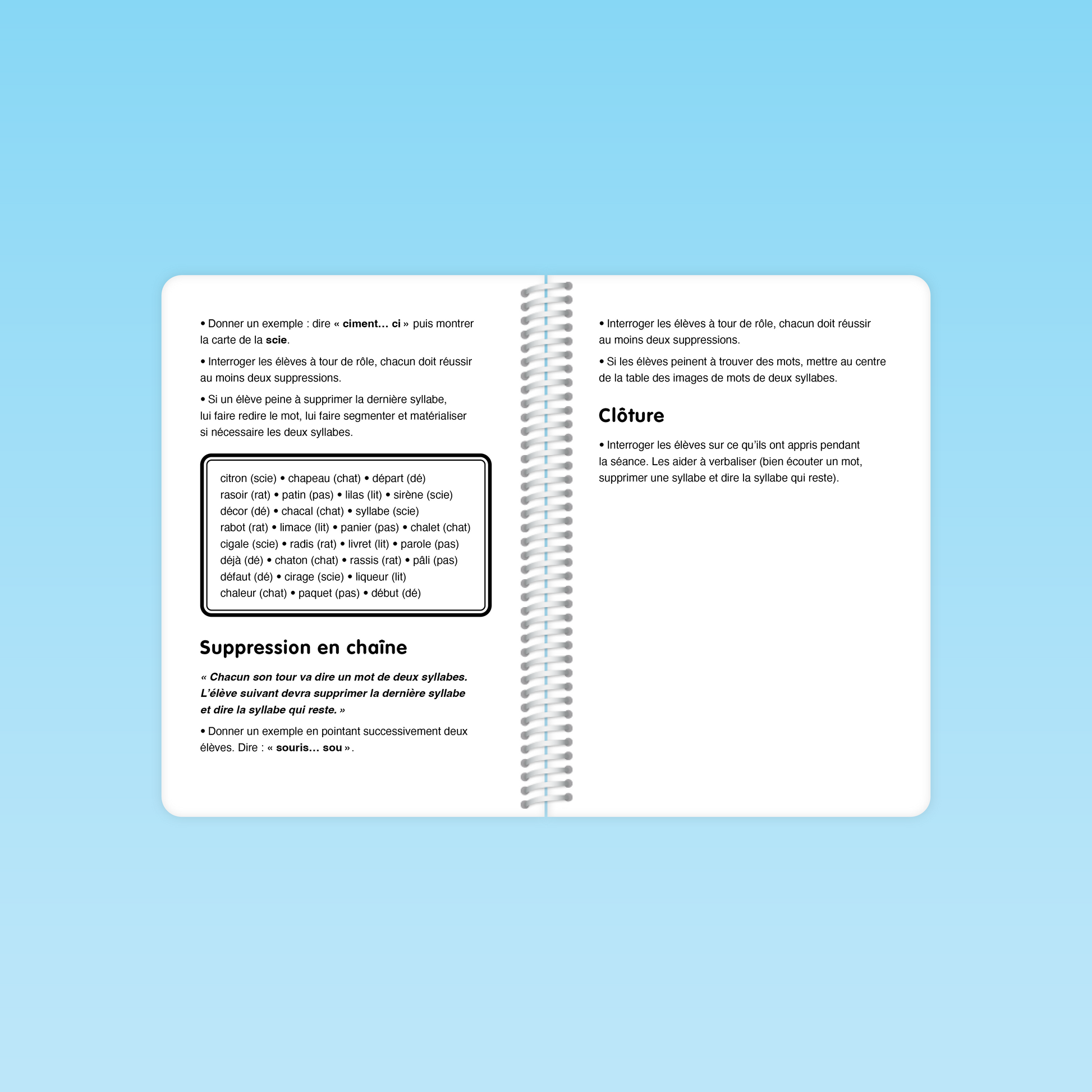 Activité de suppression en chaîne des syllabes avec clôture de séance du guide Conscience phonologique M3