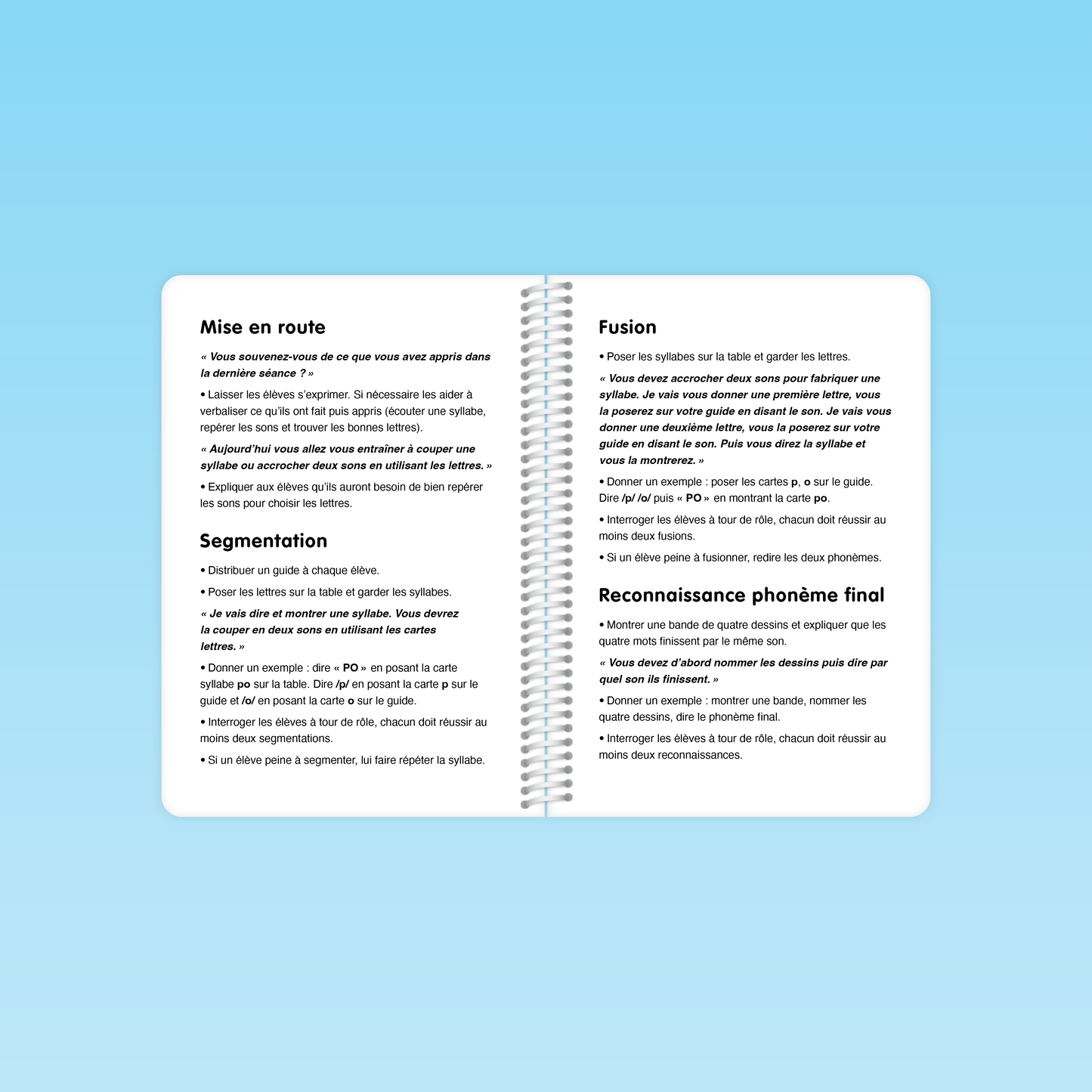 Déroulement détaillé d’une séance du guide Conscience phonologique P1 : segmentation, fusion et reconnaissance du phonème final