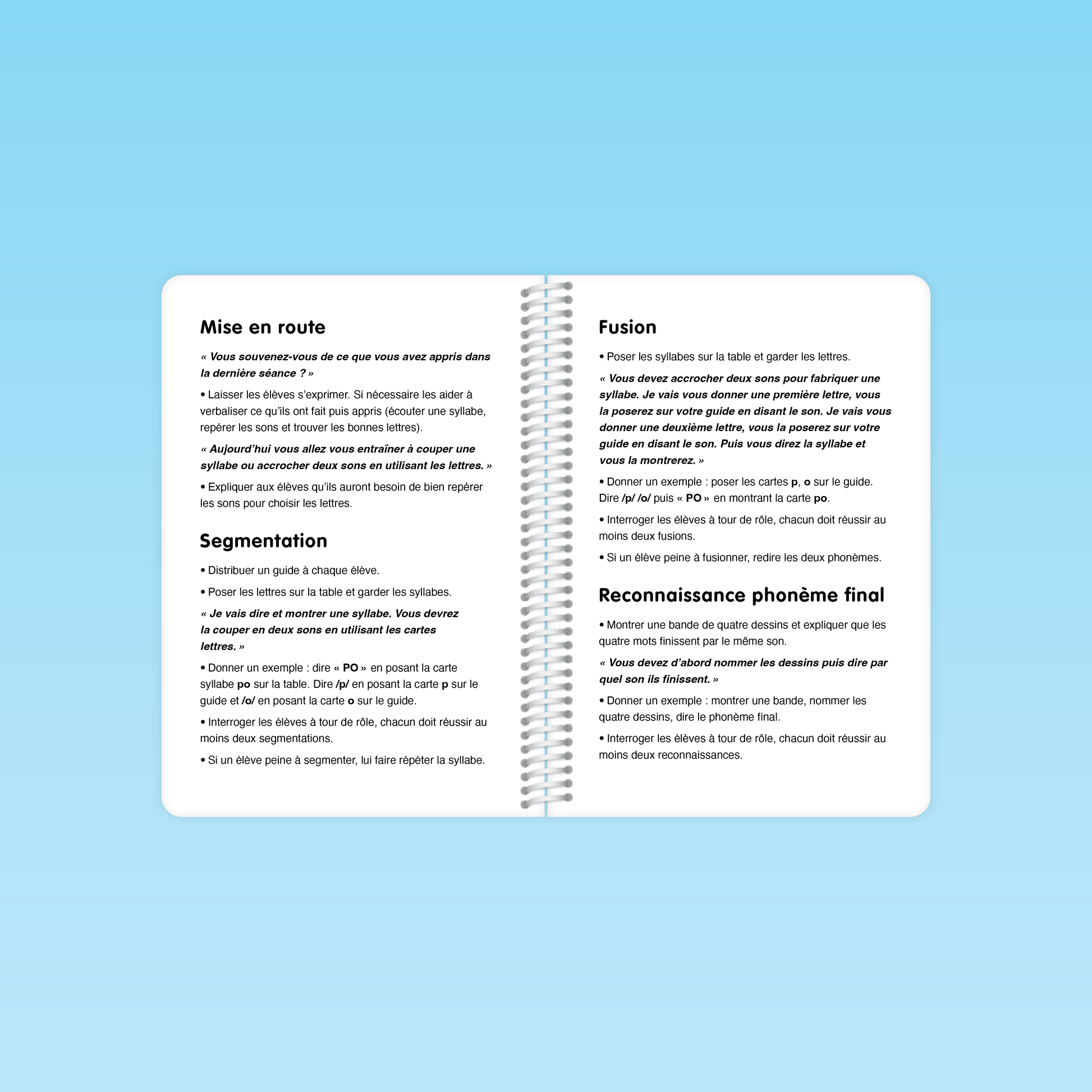 Déroulement détaillé d’une séance du guide Conscience phonologique P1 : segmentation, fusion et reconnaissance du phonème final