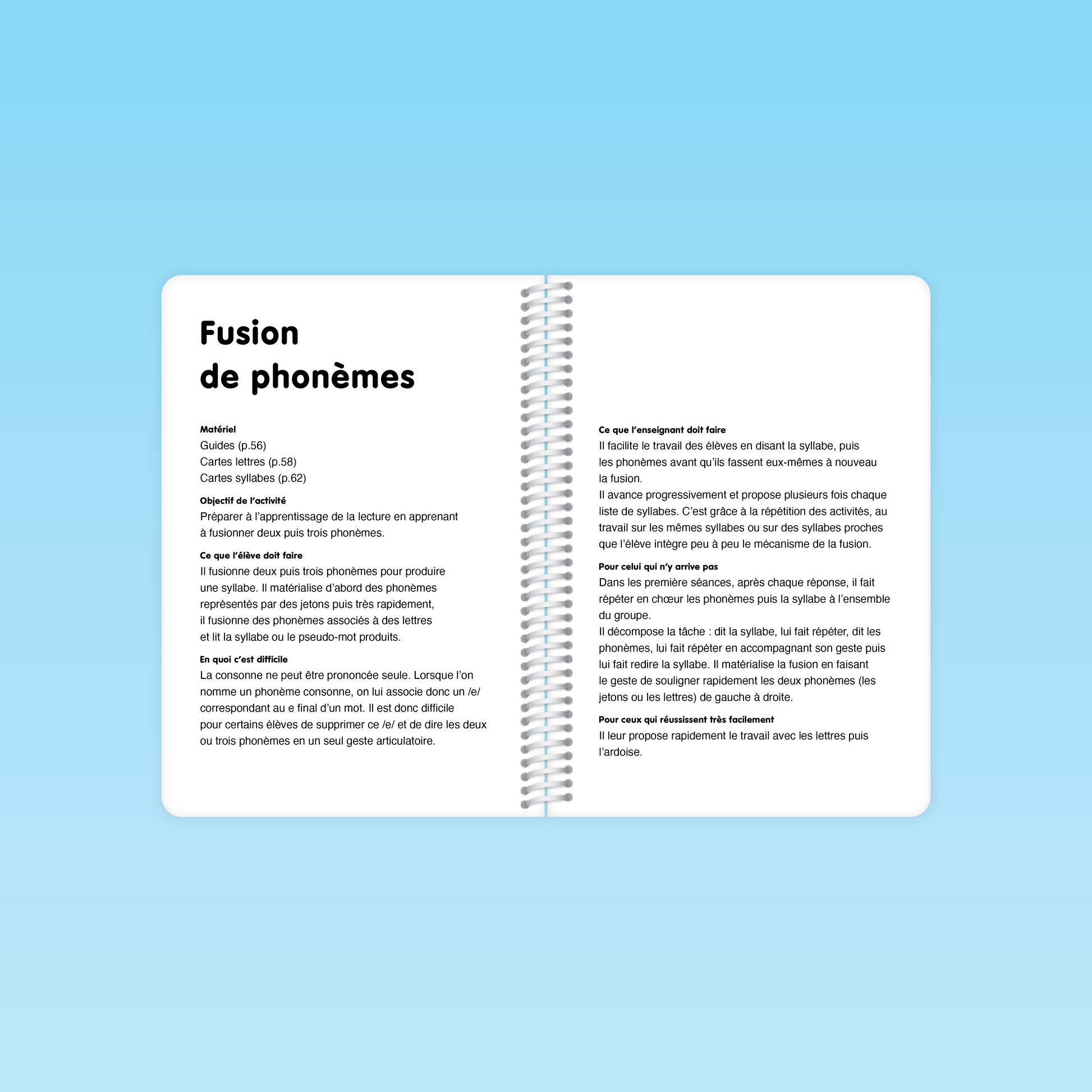 Double page du guide Conscience phonologique P1 expliquant l'activité de fusion de phonèmes pour apprendre à lire