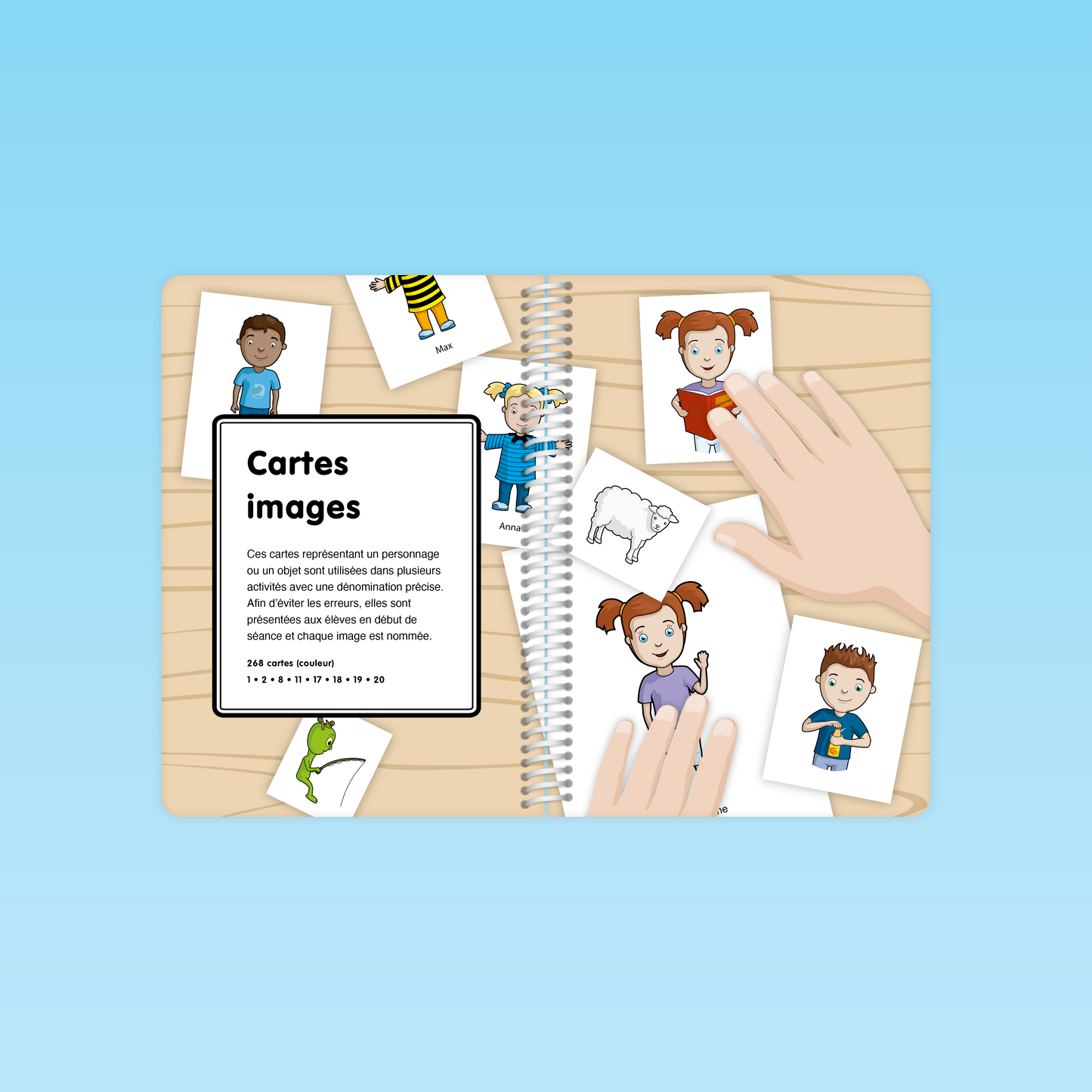 pages intérieures du guide cp compréhension de la langue montrant les cartes images de personnages et d’objets pour les activités pédagogiques