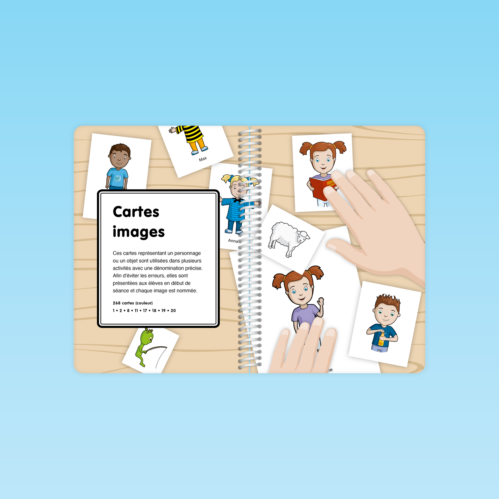 pages intérieures du guide cp compréhension de la langue montrant les cartes images de personnages et d’objets pour les activités pédagogiques