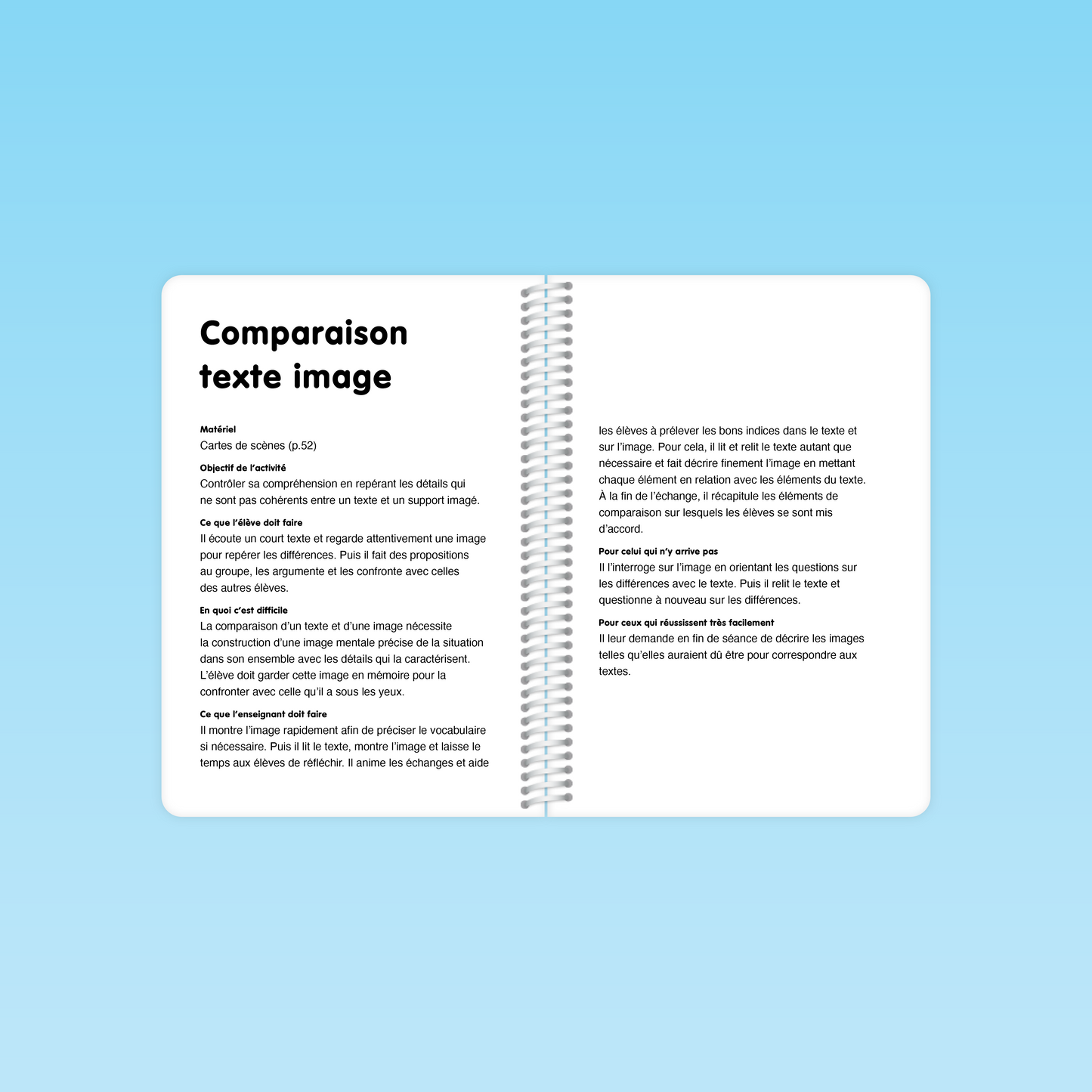 pages intérieures du guide cp compréhension de la langue présentant l’activité “Comparaison texte image” avec matériel, objectifs et consignes