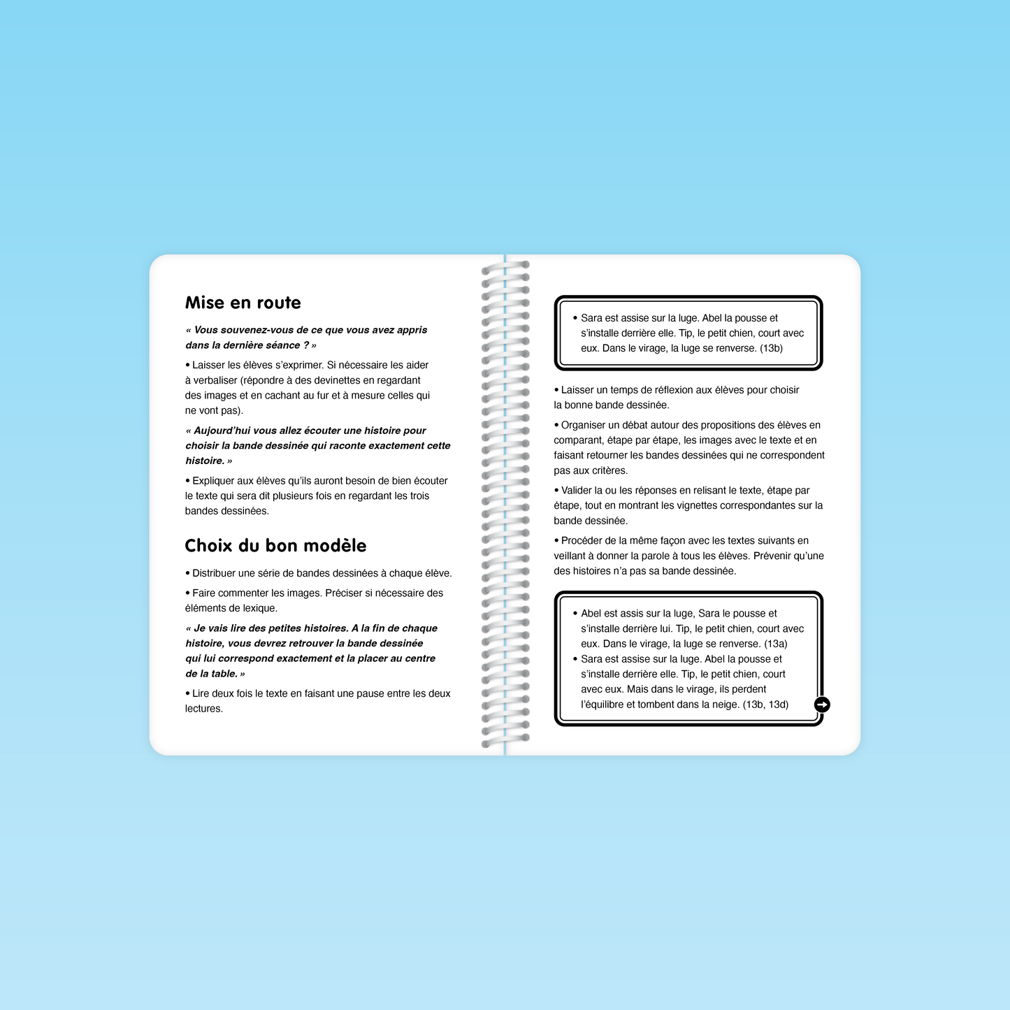 pages intérieures du guide cp montrant la mise en route et le choix du bon modèle pour l’activité de bande dessinée, avec consignes et modalités pédagogiques