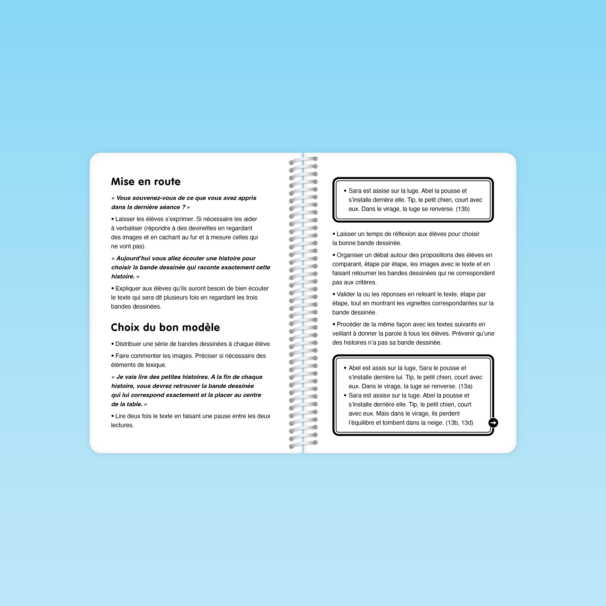 pages intérieures du guide cp montrant la mise en route et le choix du bon modèle pour l’activité de bande dessinée, avec consignes et modalités pédagogiques