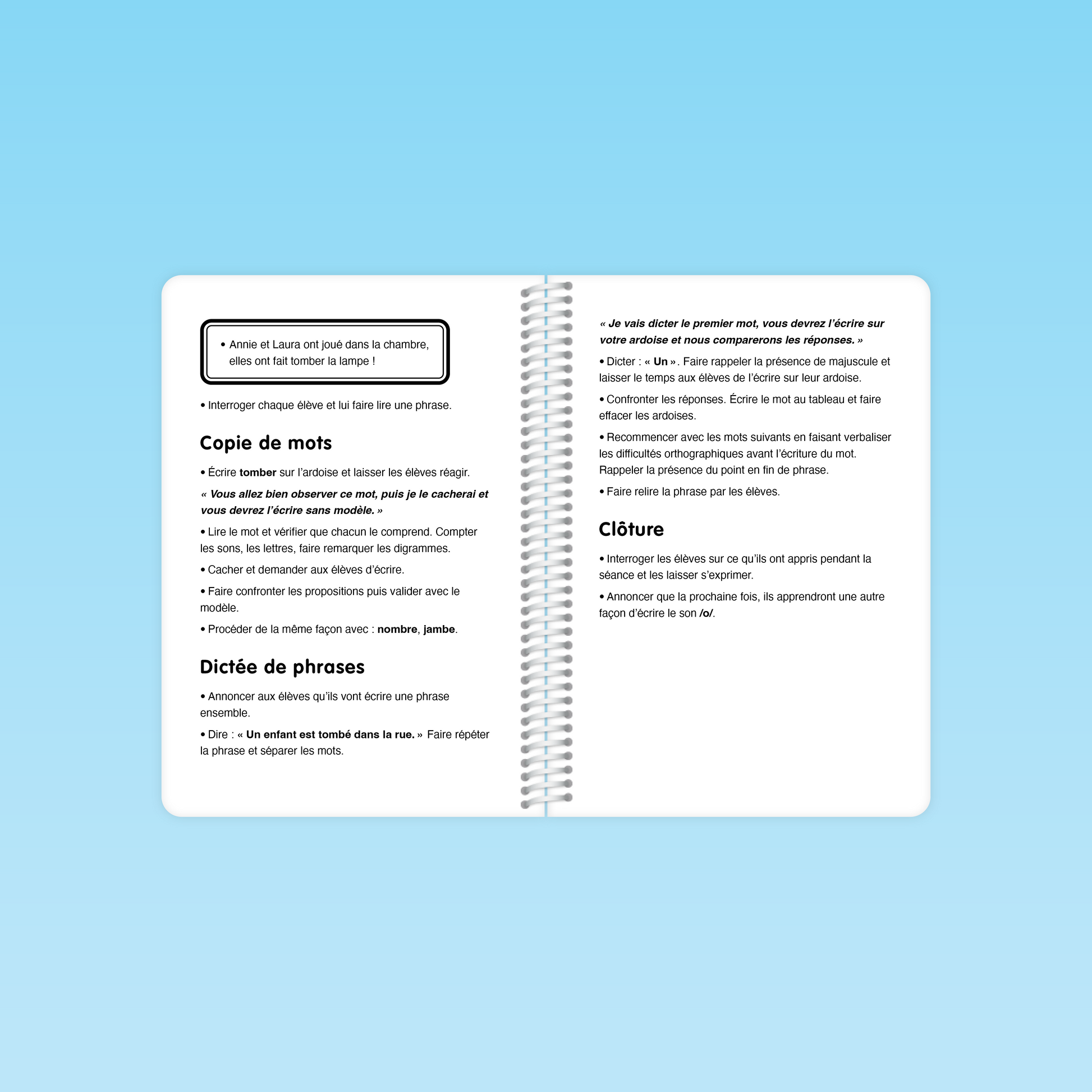 double page exercice de copie de mots, dictée de phrases et clôture dans le guide Décodage CP-CE