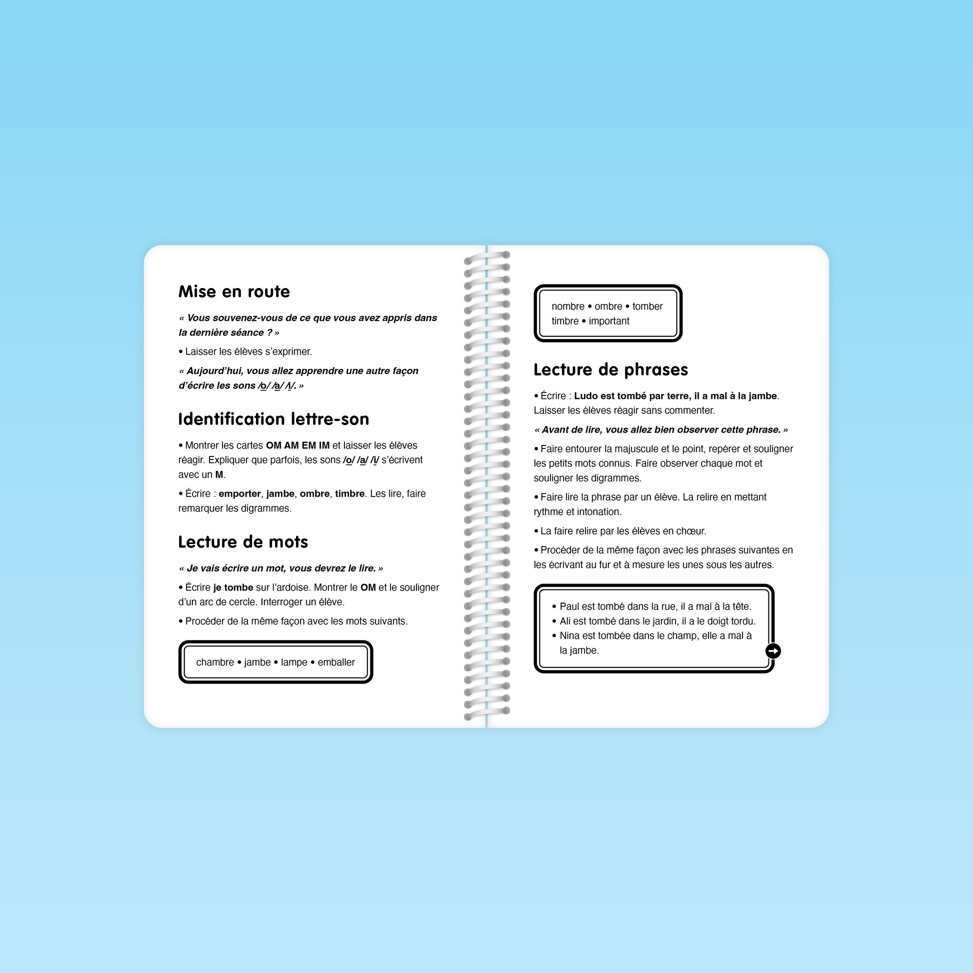 double page « Mise en route », identification lettre-son, lecture de mots et phrases dans le guide Décodage CP-CE