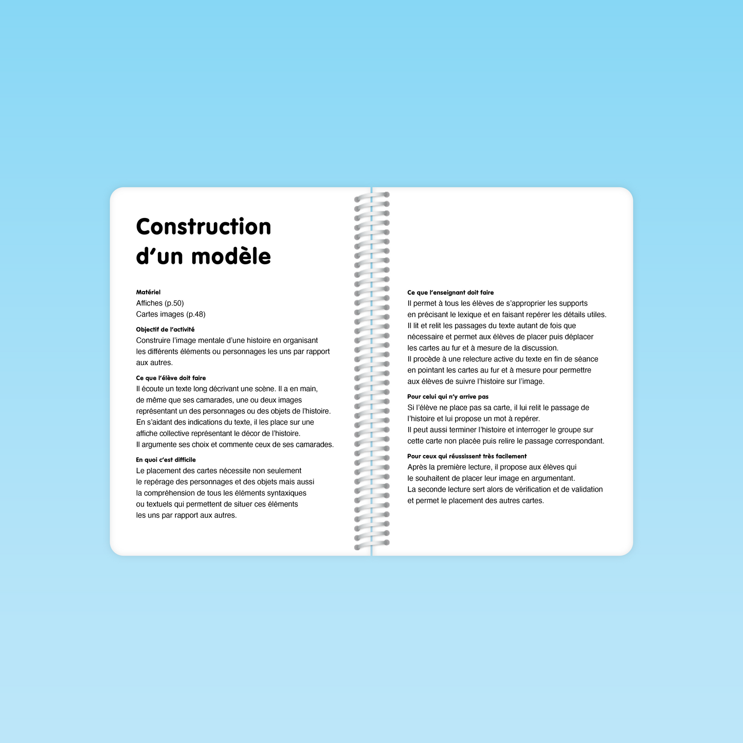 pages intérieures du guide gs présentant l’activité “Construction d’un modèle” avec matériel, objectifs et consignes détaillées