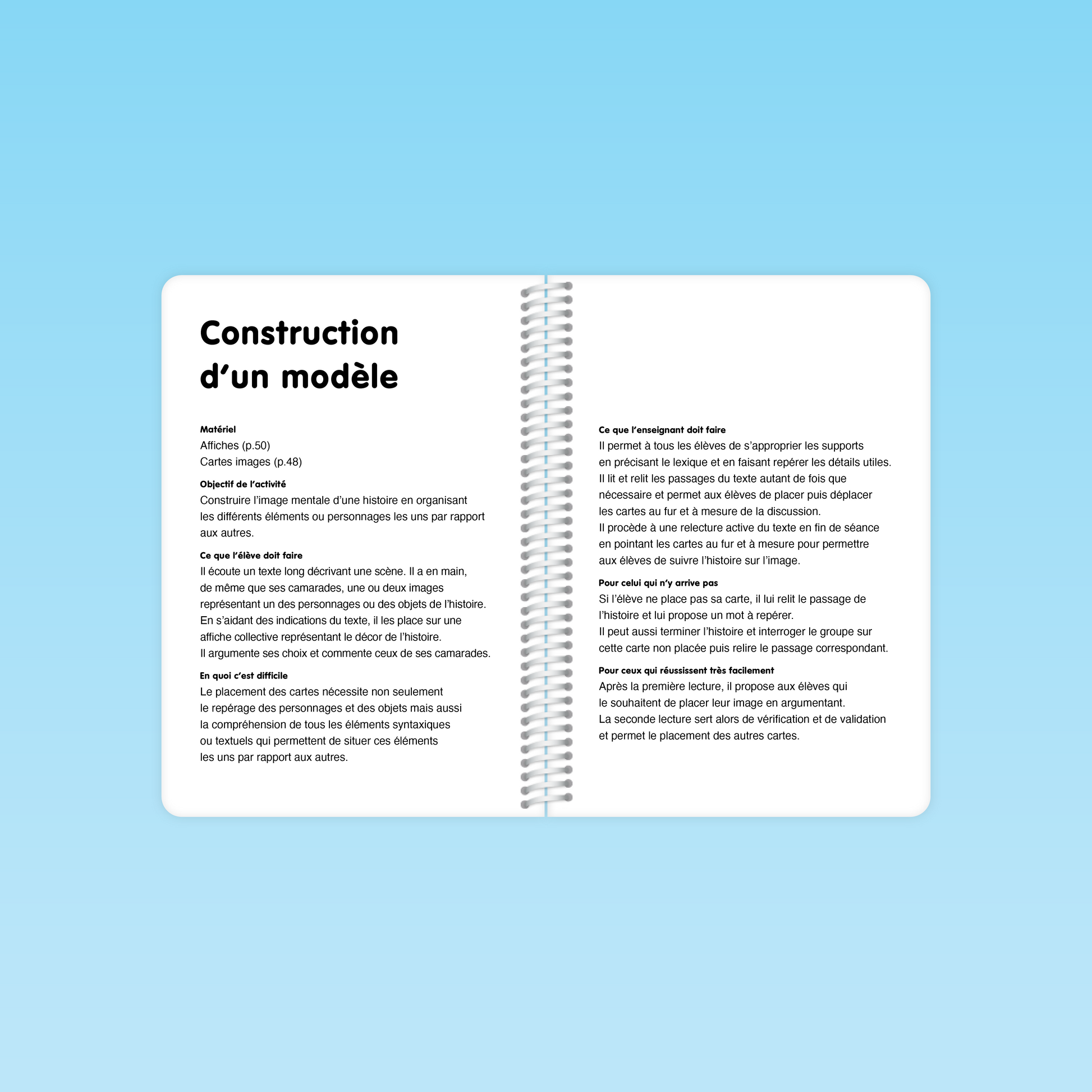 pages intérieures du guide gs présentant l’activité “Construction d’un modèle” avec matériel, objectifs et consignes détaillées