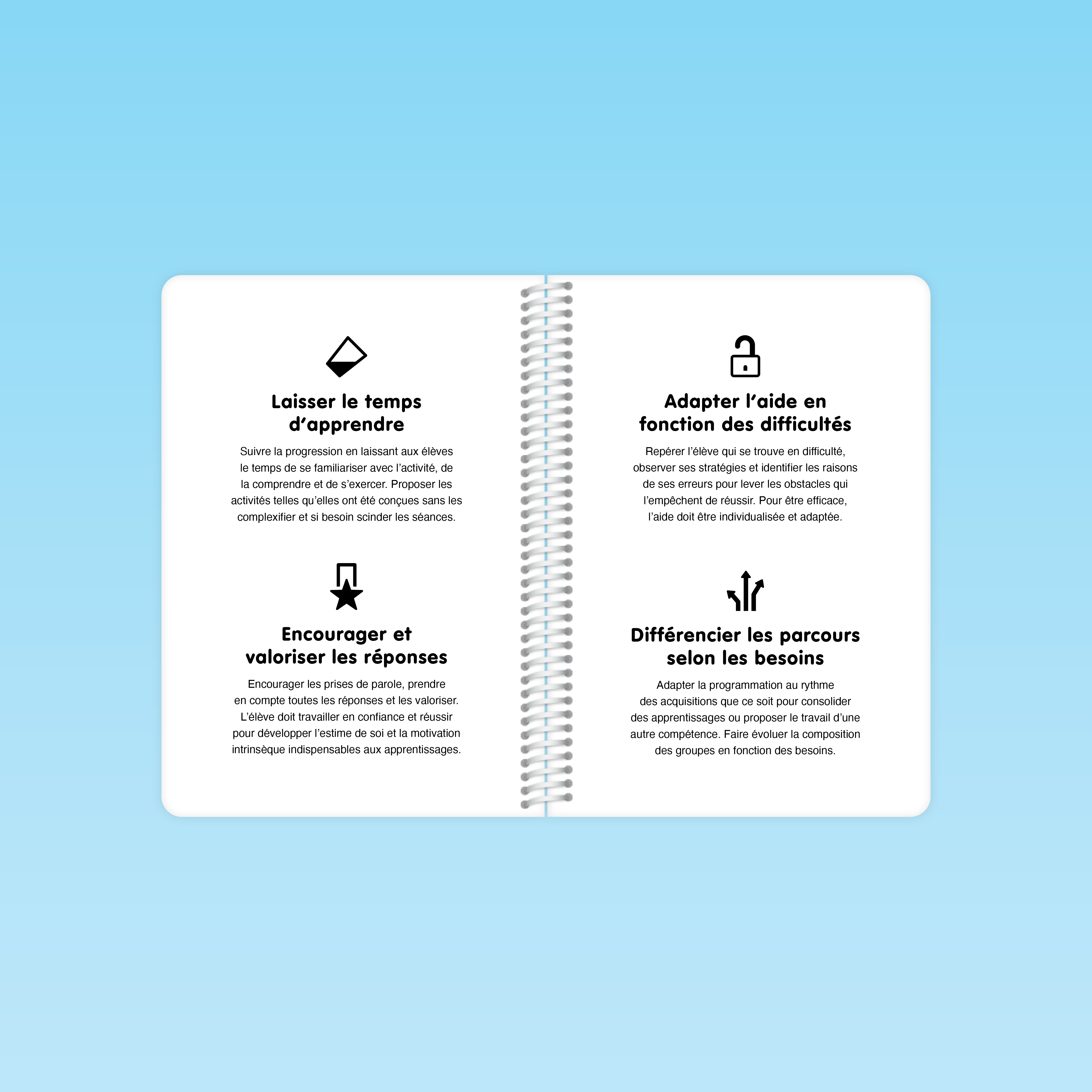pages intérieures du guide gs présentant les conseils pédagogiques : laisser le temps d’apprendre, encourager, adapter, différencier