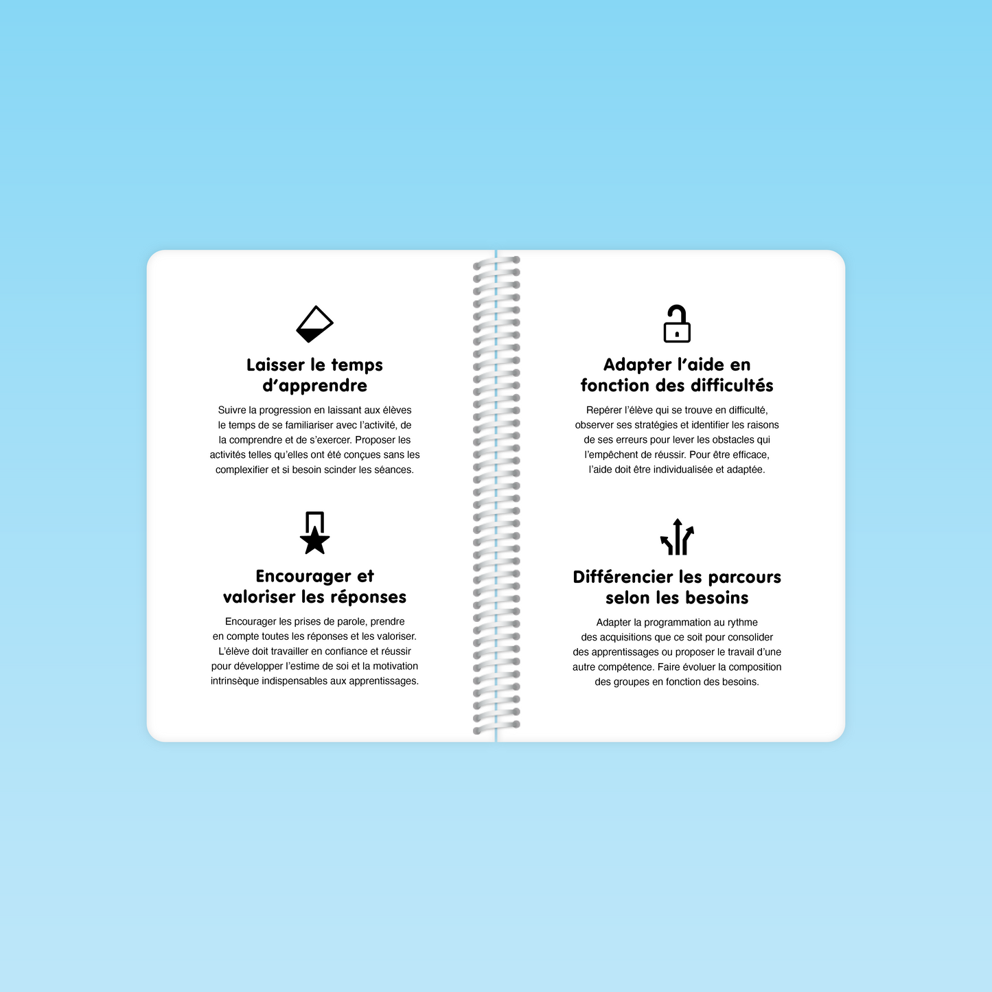 pages intérieures du guide gs présentant les conseils pédagogiques : laisser le temps d’apprendre, encourager, adapter, différencier