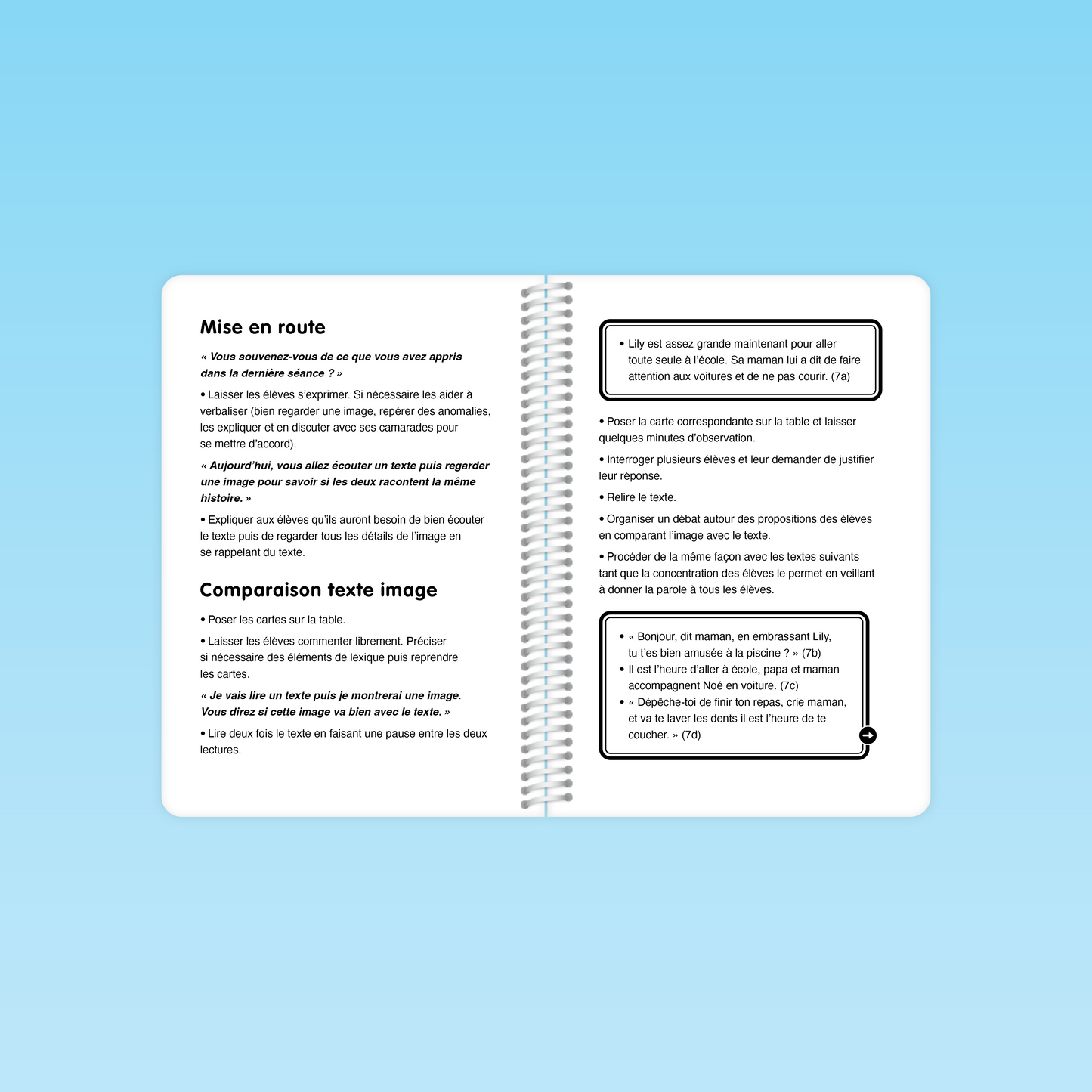 pages intérieures du guide gs montrant la mise en route et l’activité “Comparaison texte image” avec consignes, débat et exemples de dialogues