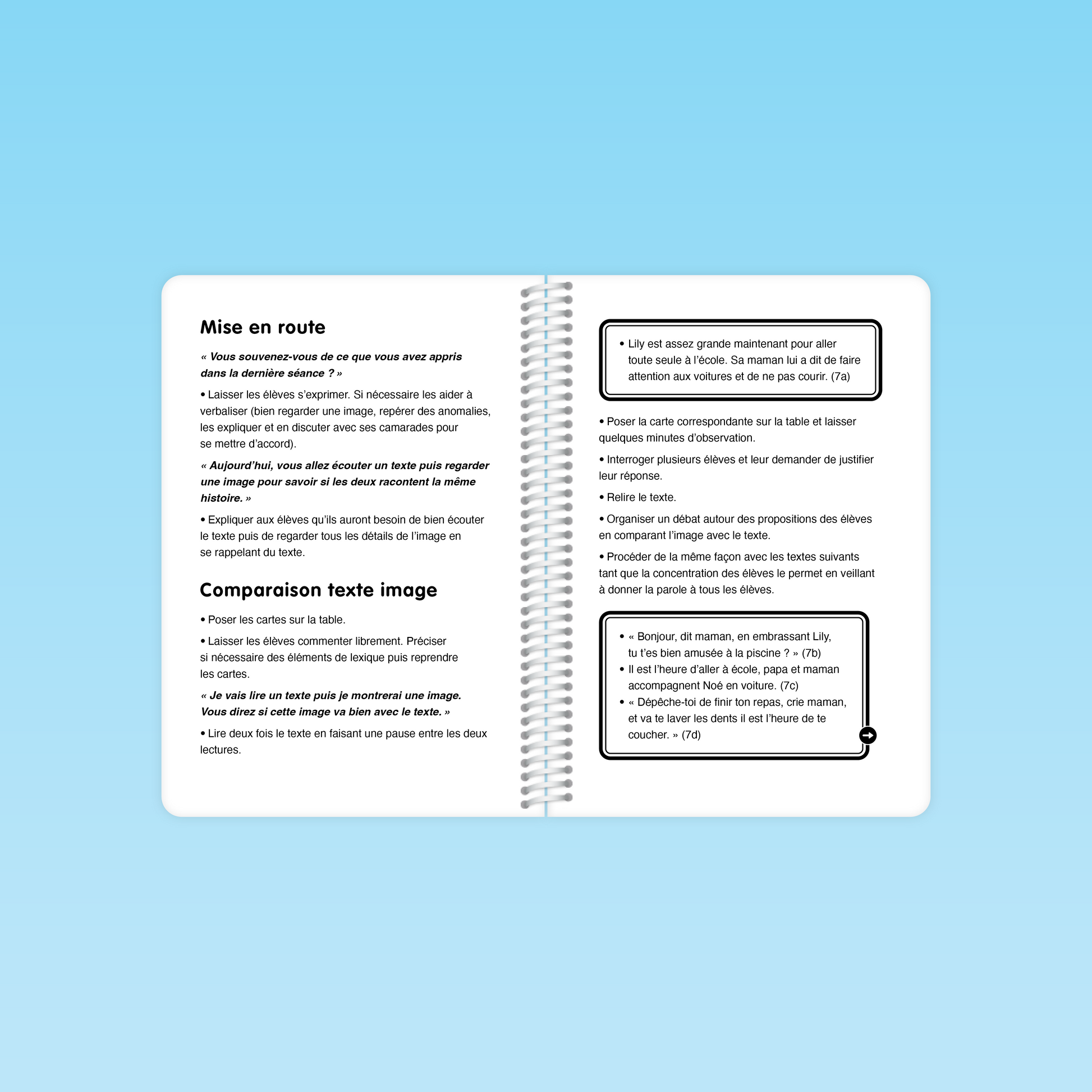 pages intérieures du guide gs montrant la mise en route et l’activité “Comparaison texte image” avec consignes, débat et exemples de dialogues