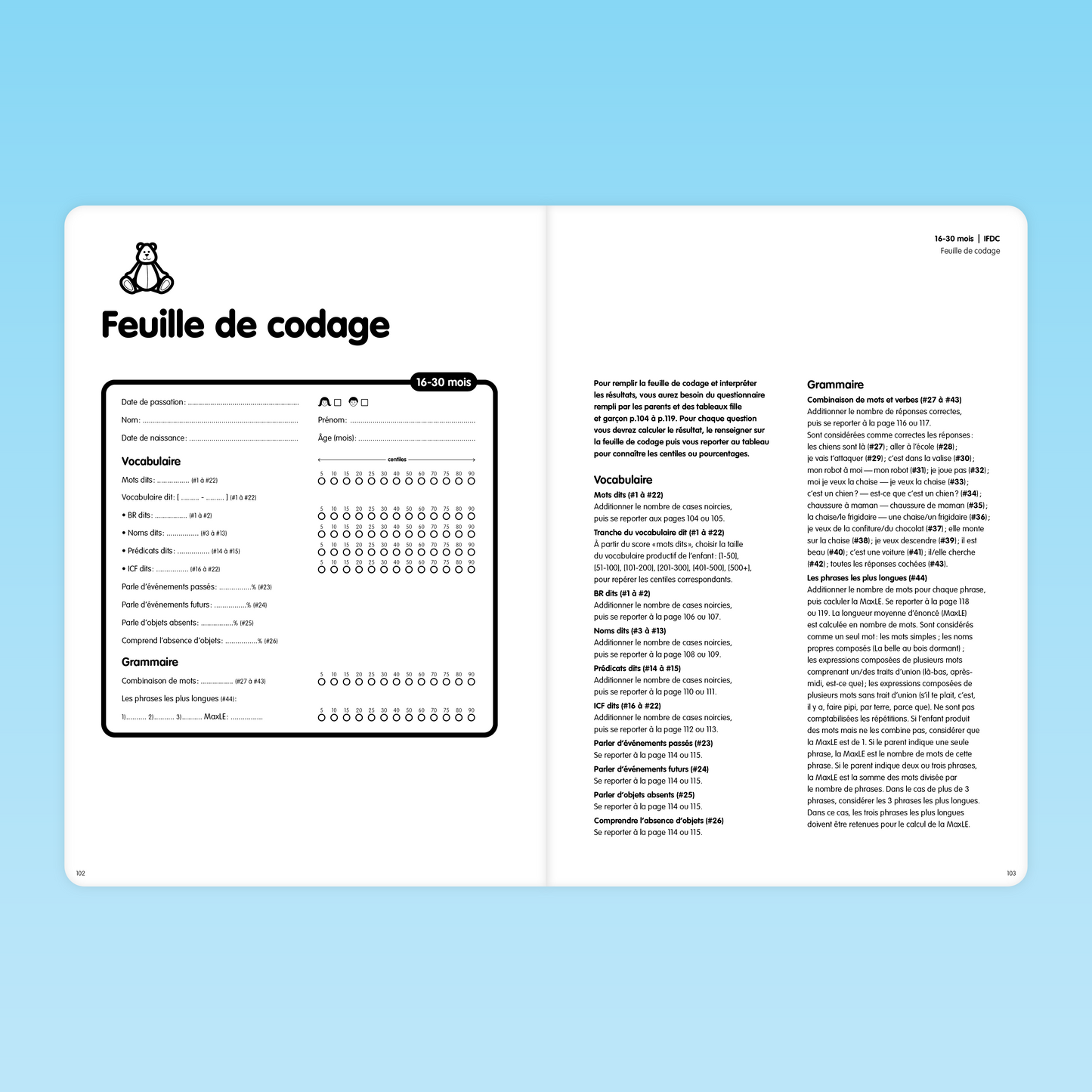 Feuille de codage IFDC pour l’évaluation du vocabulaire et de la grammaire chez les enfants de 16 à 30 mois