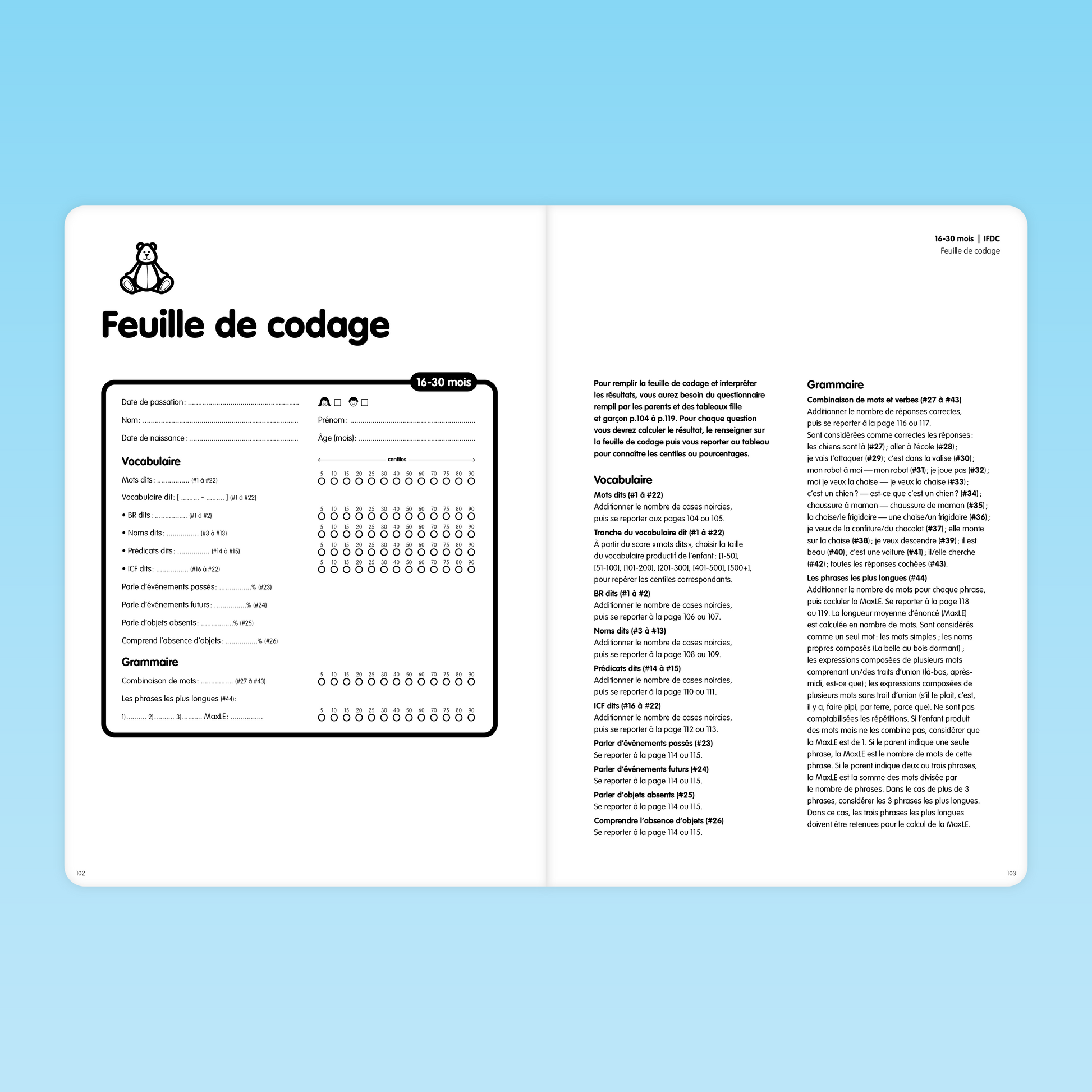 Feuille de codage IFDC pour l’évaluation du vocabulaire et de la grammaire chez les enfants de 16 à 30 mois