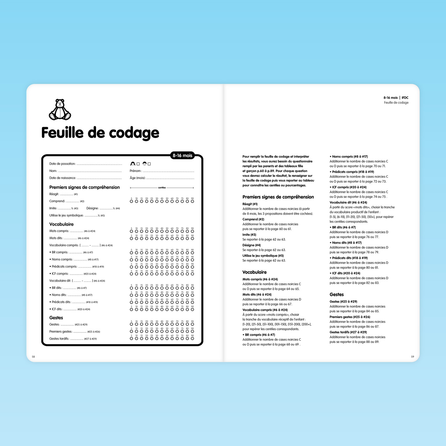 Feuille de codage IFDC pour analyser la compréhension, le vocabulaire et les gestes des enfants de 8 à 16 mois