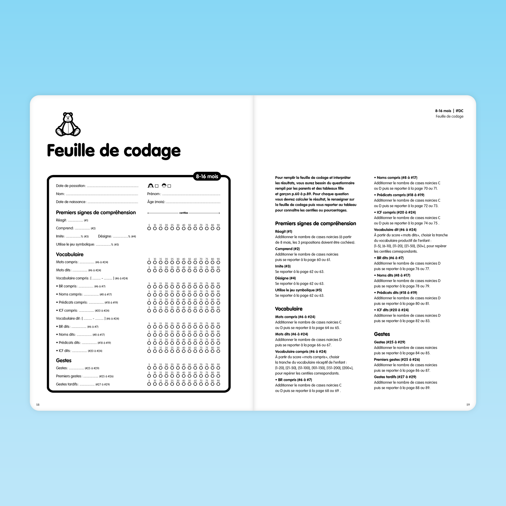 Feuille de codage IFDC pour analyser la compréhension, le vocabulaire et les gestes des enfants de 8 à 16 mois