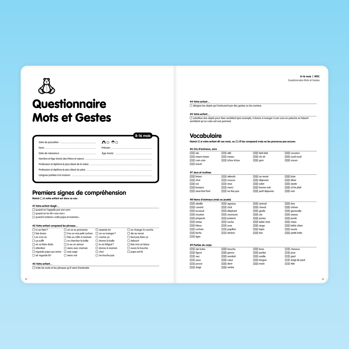 Page du questionnaire IFDC évaluant les premiers signes de compréhension et le vocabulaire des enfants de 8 à 16 mois