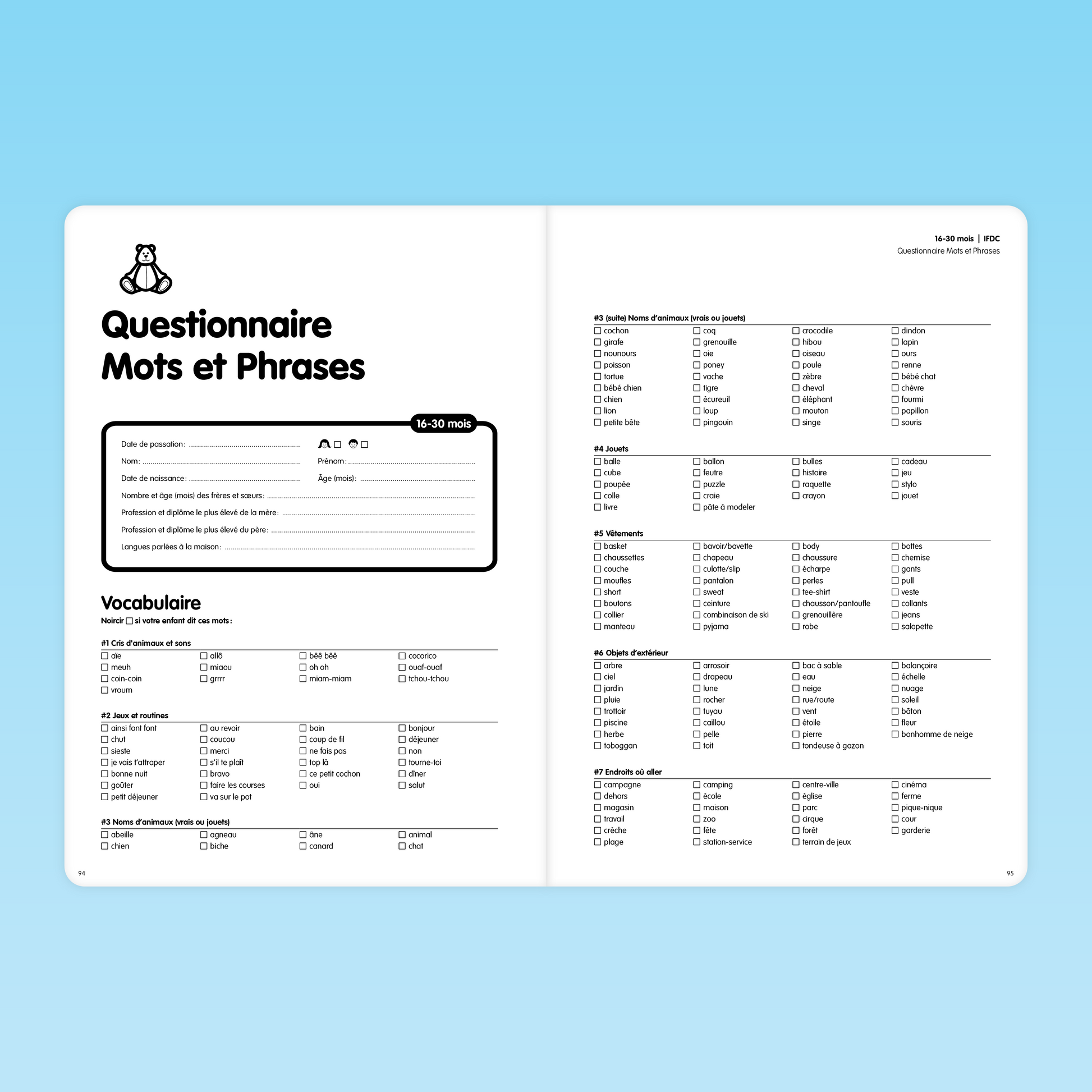 Questionnaire IFDC pour évaluer le vocabulaire des enfants de 16 à 30 mois avec items classés par catégories