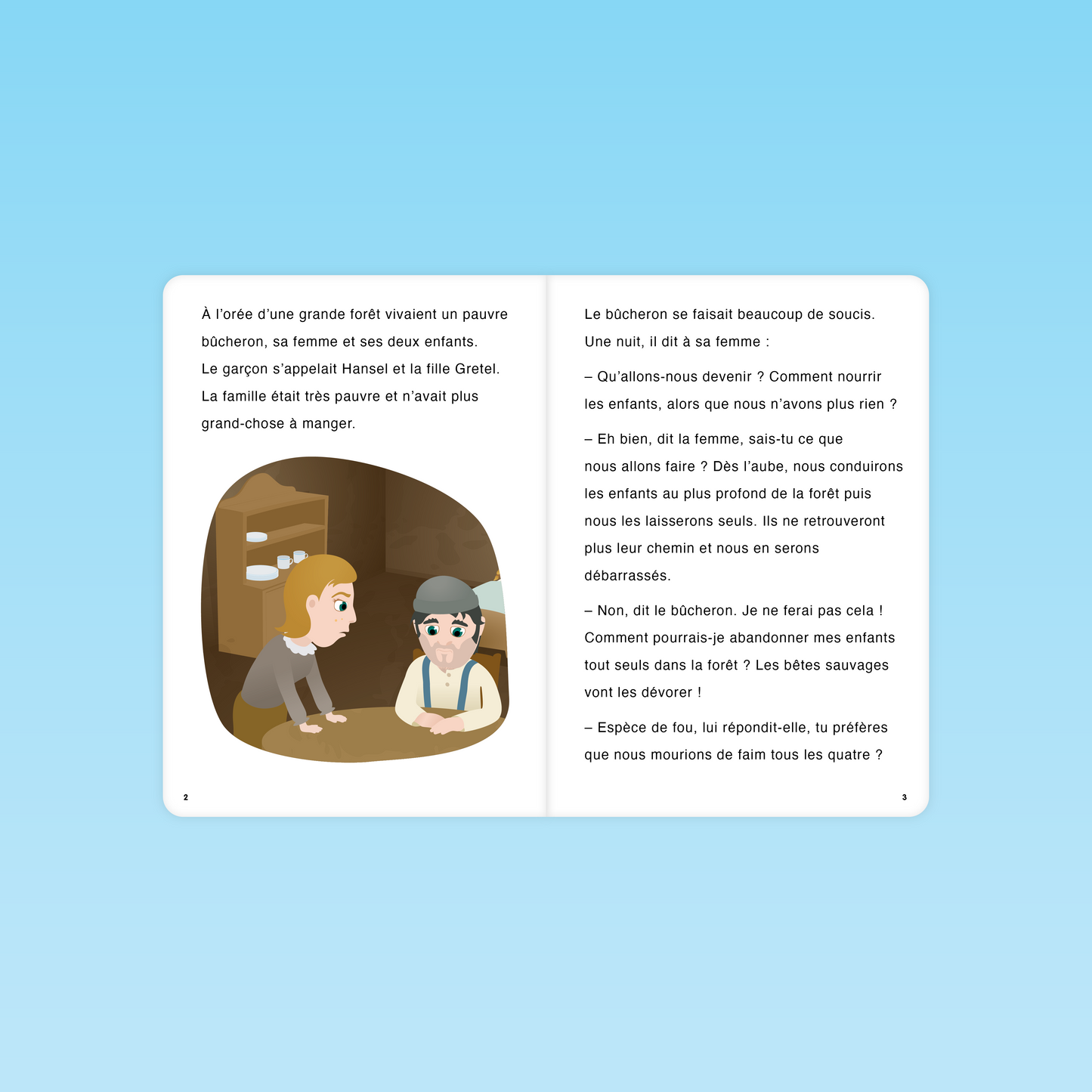 première page du livre Hansel et Gretel CP avec le bûcheron et sa femme discutant du sort des enfants