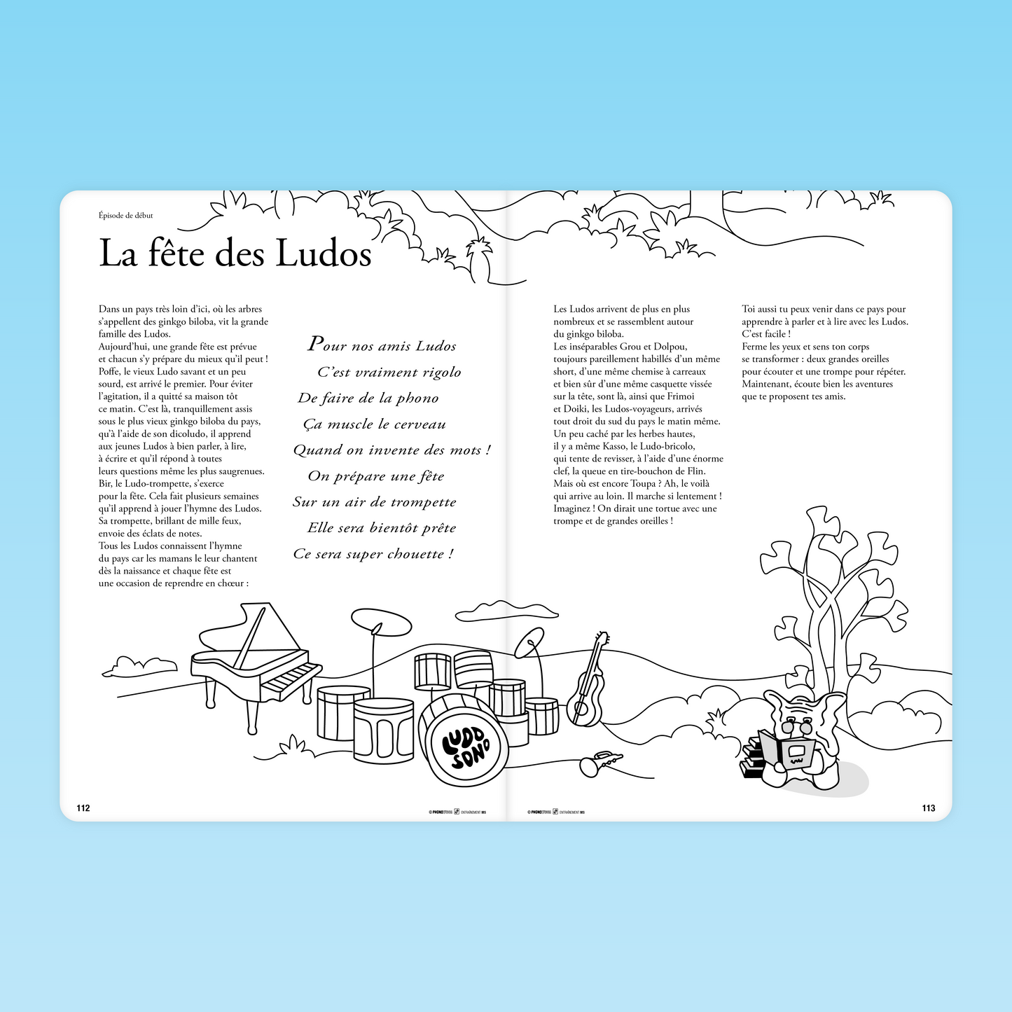 Page La fête des Ludos avec instruments et personnages pour développer la phonologie en MS