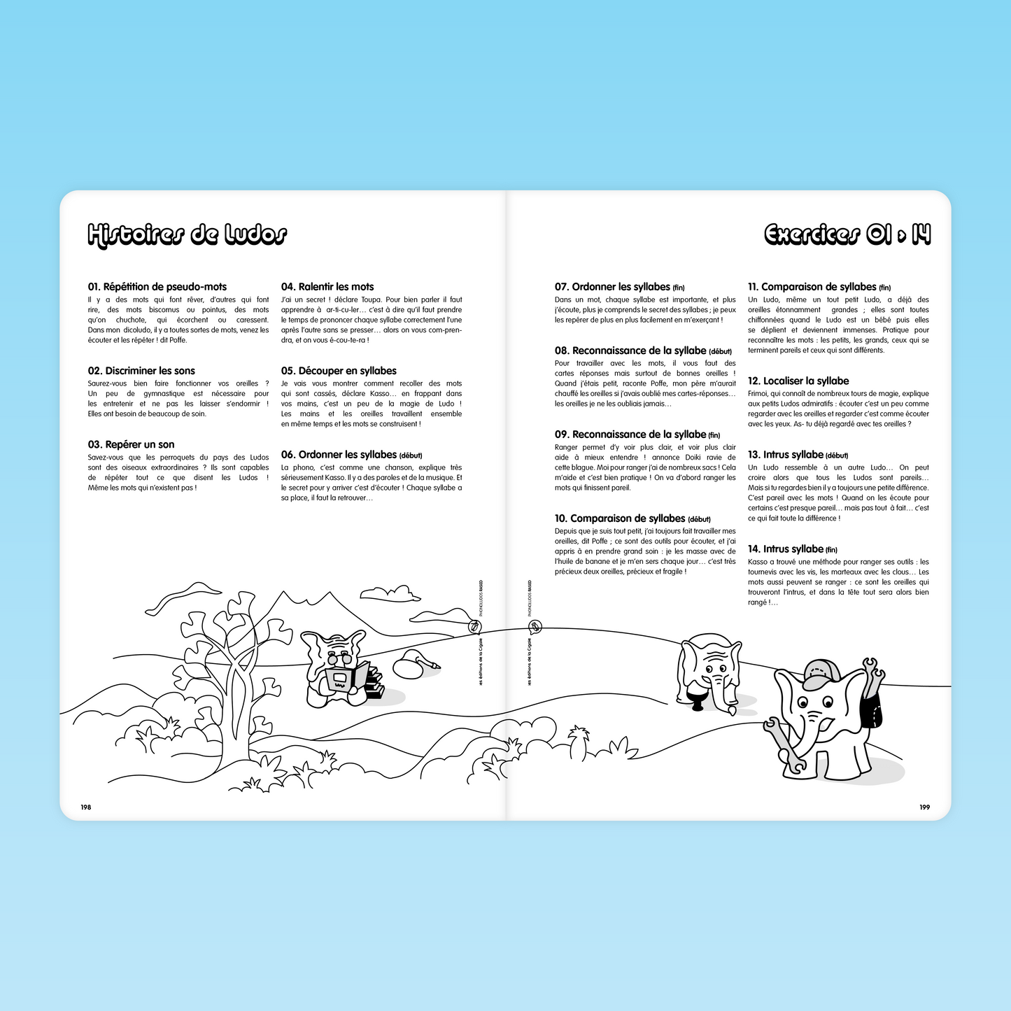 double page avec histoires des Ludos et 14 exercices de phonologie variés