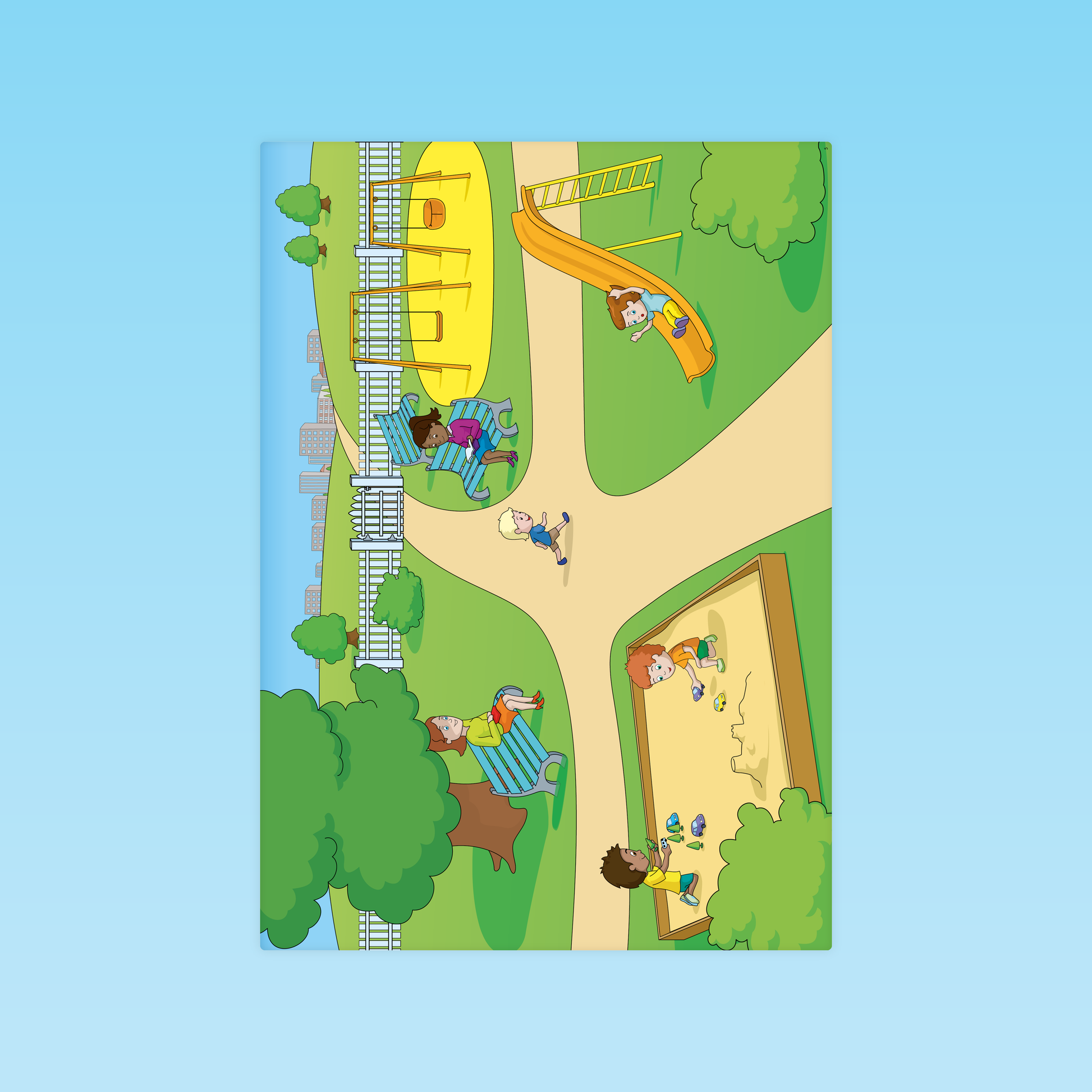 illustration du parc pour activité de compréhension en moyenne section avec jeux, toboggan et bac à sable