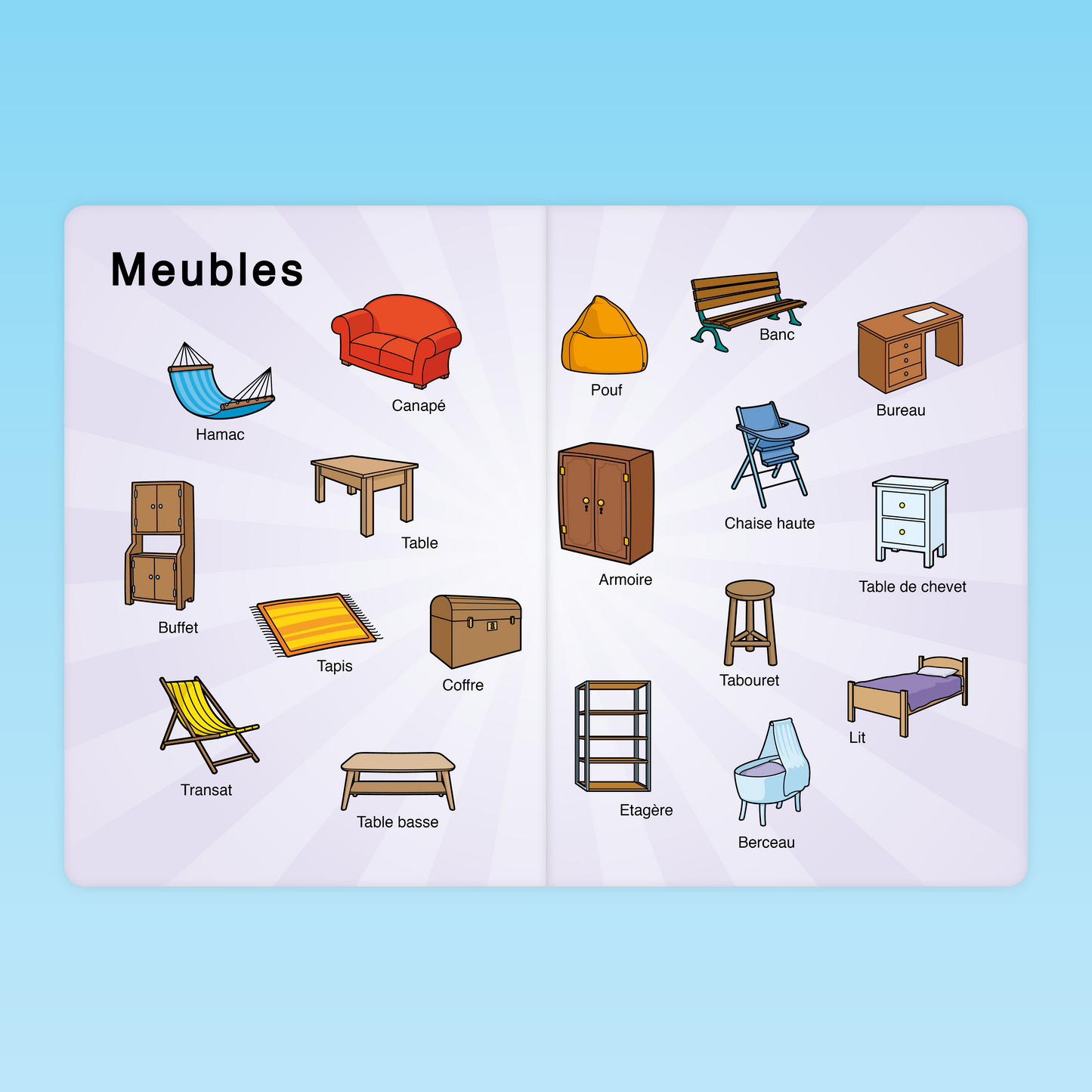 imagier vocabulaire des meubles en maternelle MS avec canapé, armoire, table, chaise et lit