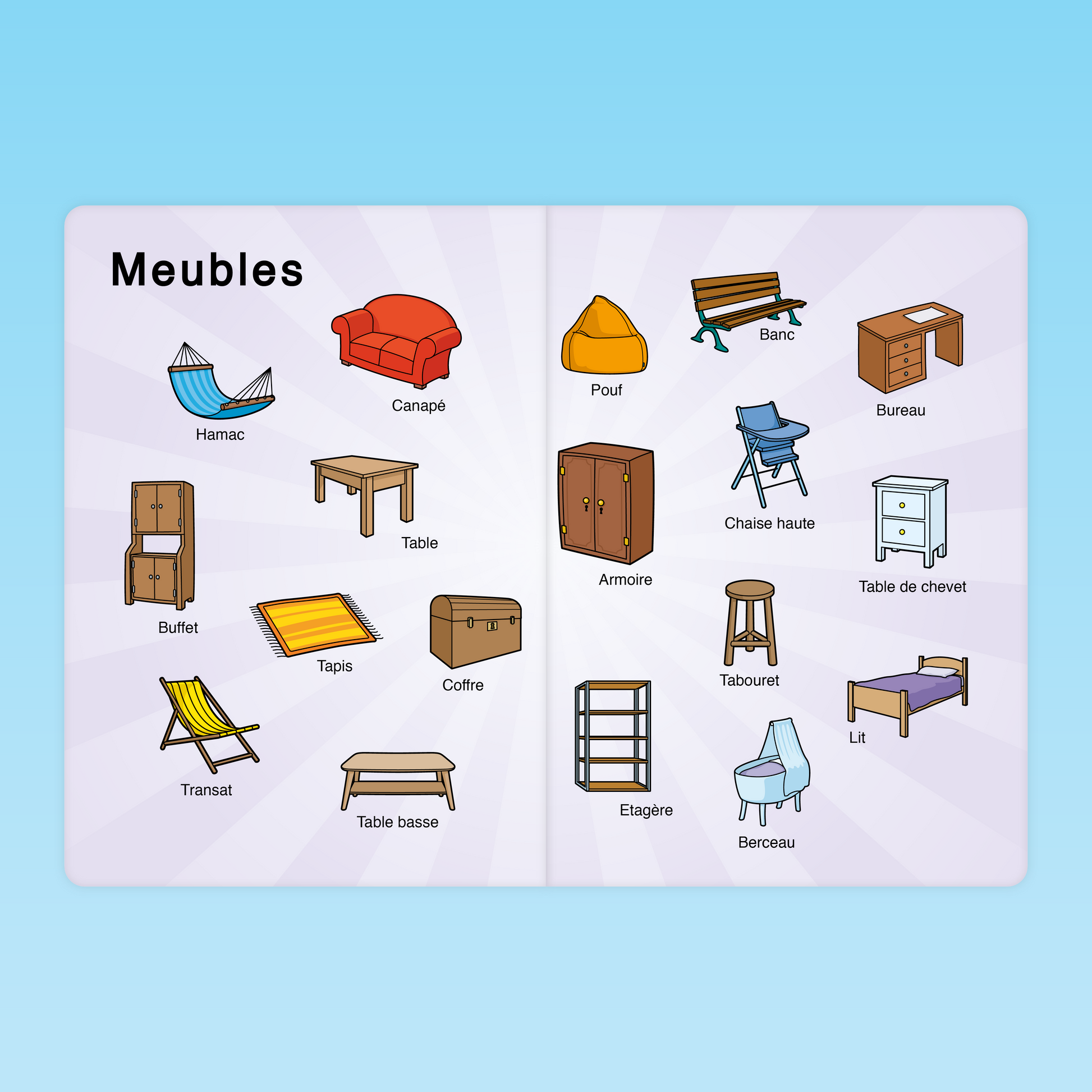 imagier vocabulaire des meubles en maternelle MS avec canapé, armoire, table, chaise et lit