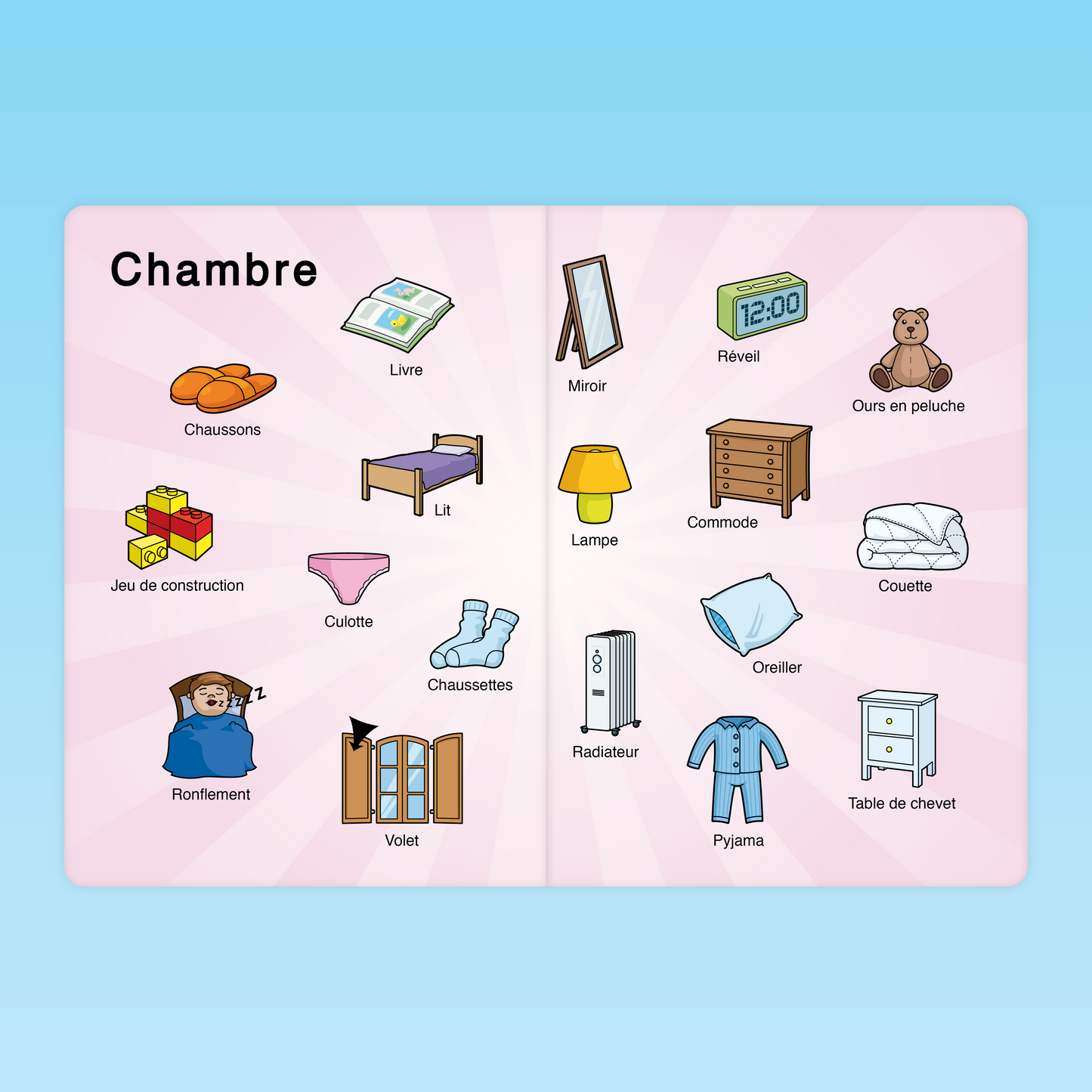 imagier vocabulaire de la chambre en maternelle MS avec objets du coucher et vêtements de nuit