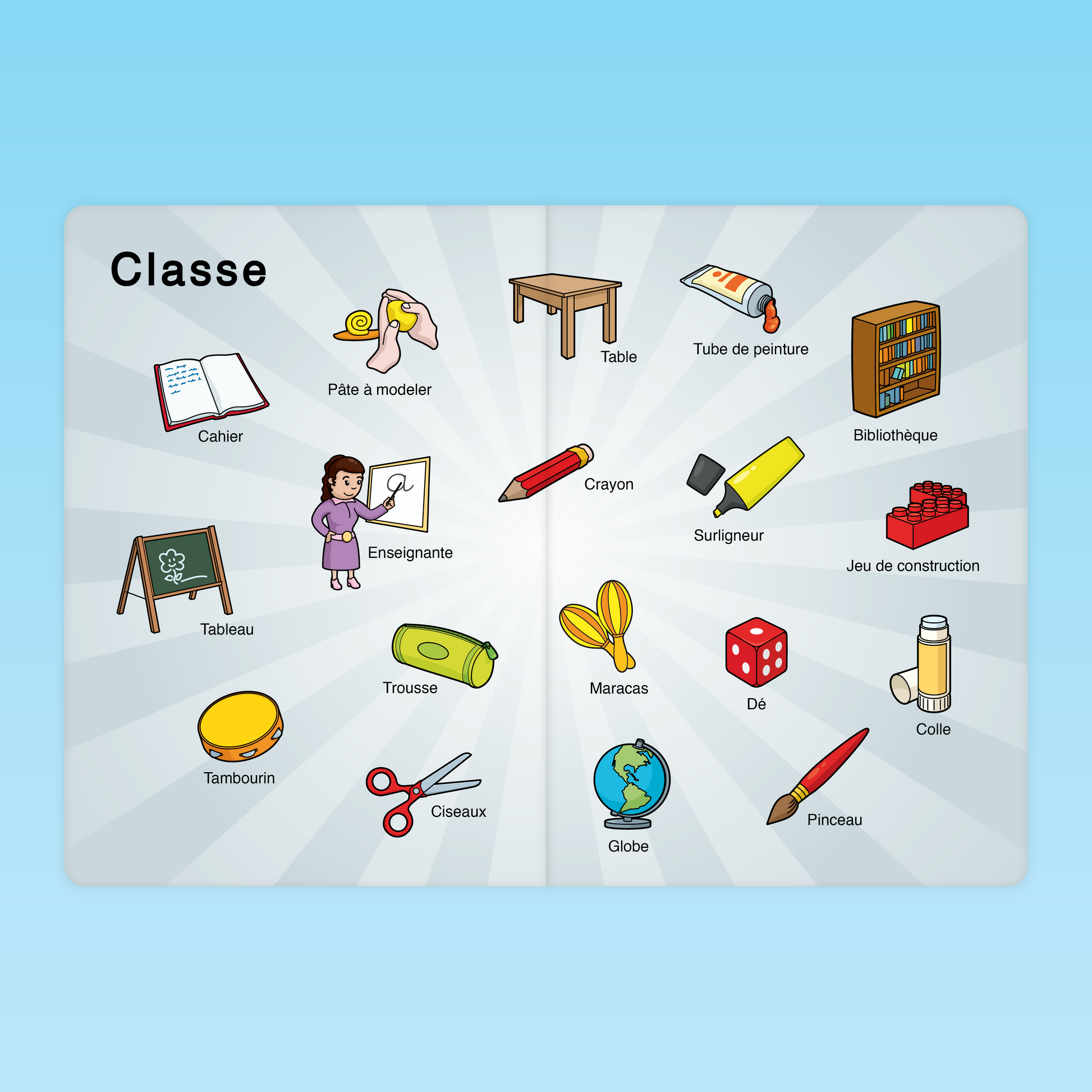 imagier vocabulaire de la classe en maternelle MS avec objets et outils scolaires illustrés