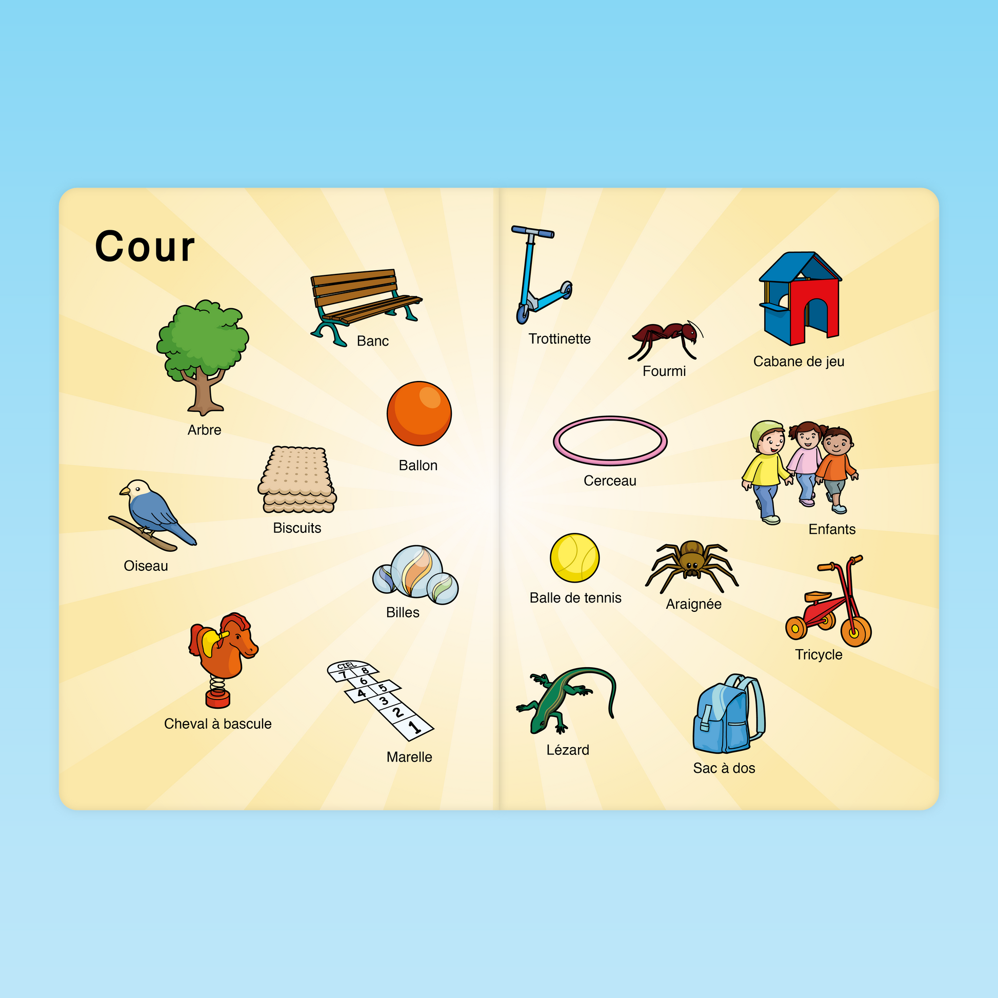 imagier vocabulaire de la cour d’école en maternelle MS avec jeux, animaux et objets extérieurs