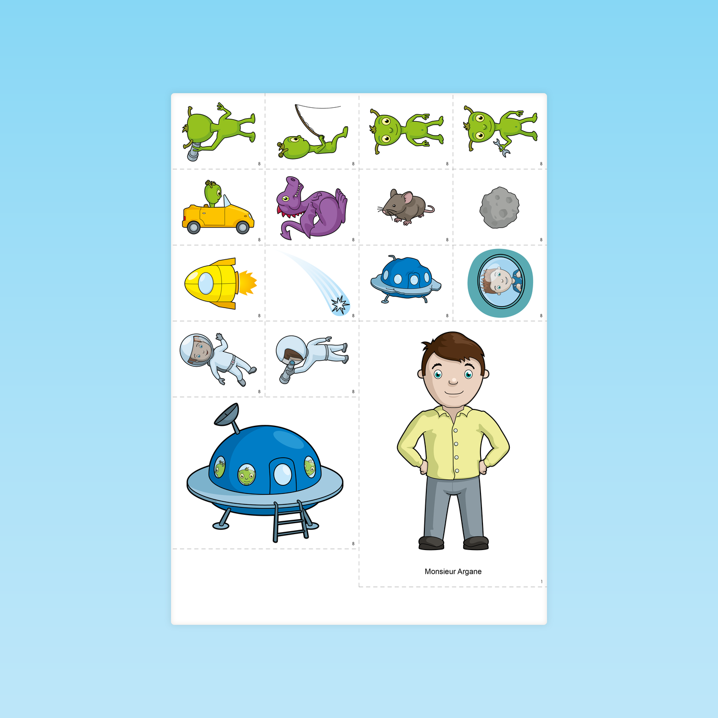 imagier avec personnages, objets et créatures de l’espace pour la compréhension CP