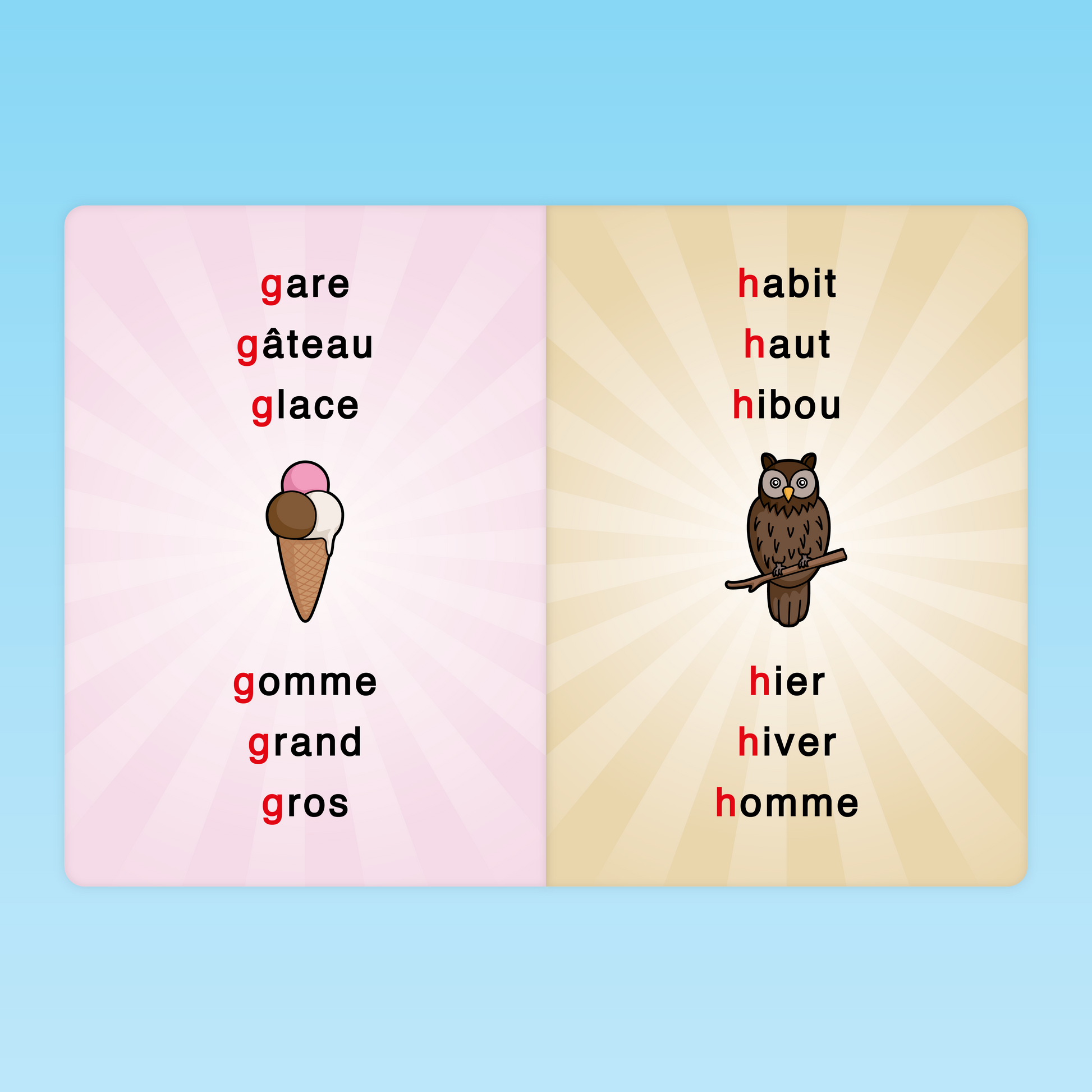 imagier graphèmes simples CP avec mots illustrant les lettres g et h pour apprendre les sons et enrichir le lexique