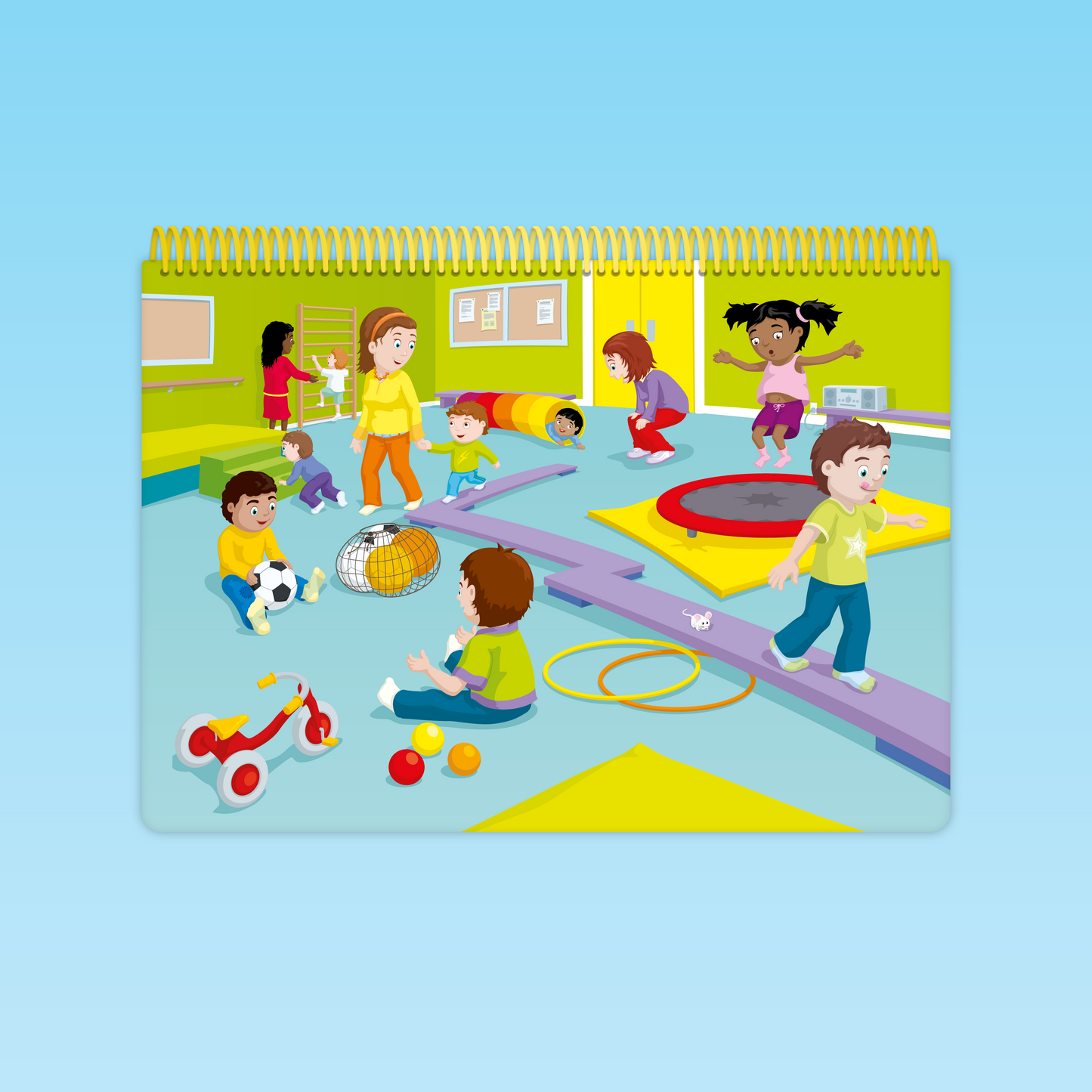 Illustration de l’imagier Parler Bambin représentant une scène de vie collective en salle de motricité à l’école maternelle