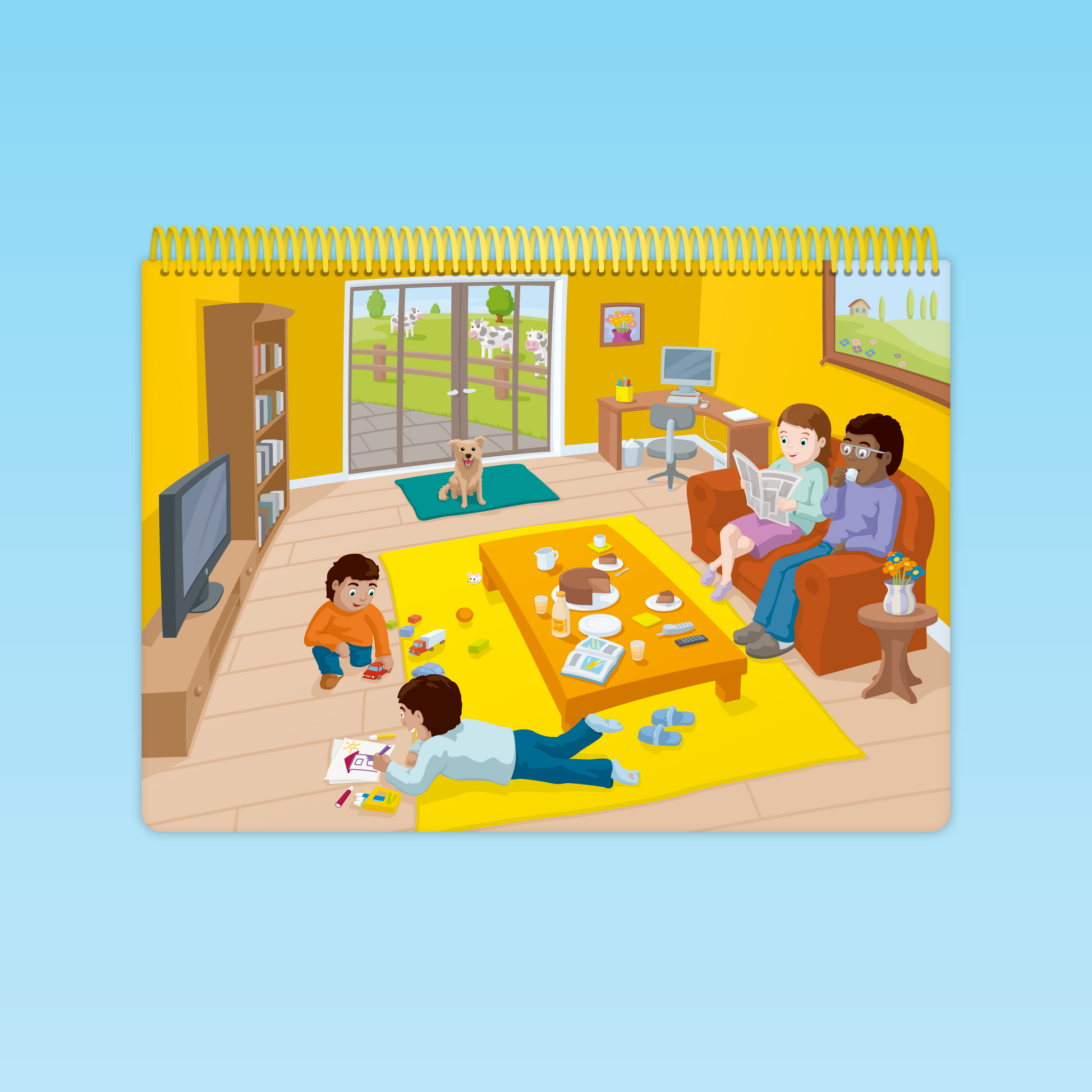 Illustration de l’imagier Parler Bambin représentant une scène de vie quotidienne dans un salon familial avec enfants et parents
