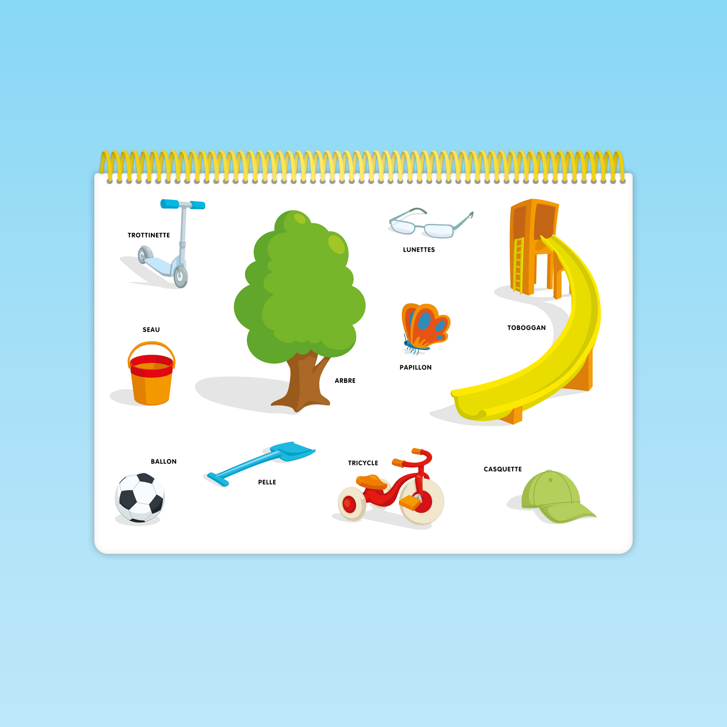 Carte de l’imagier Parler Bambin illustrant des objets du parc : toboggan, tricycle, seau, ballon, arbre, papillon, casquette, etc.