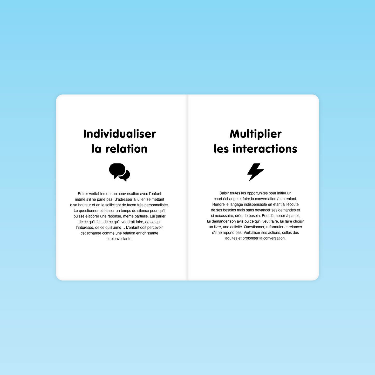double page illustrant deux techniques langagières : individualiser la relation et multiplier les interactions à l’oral