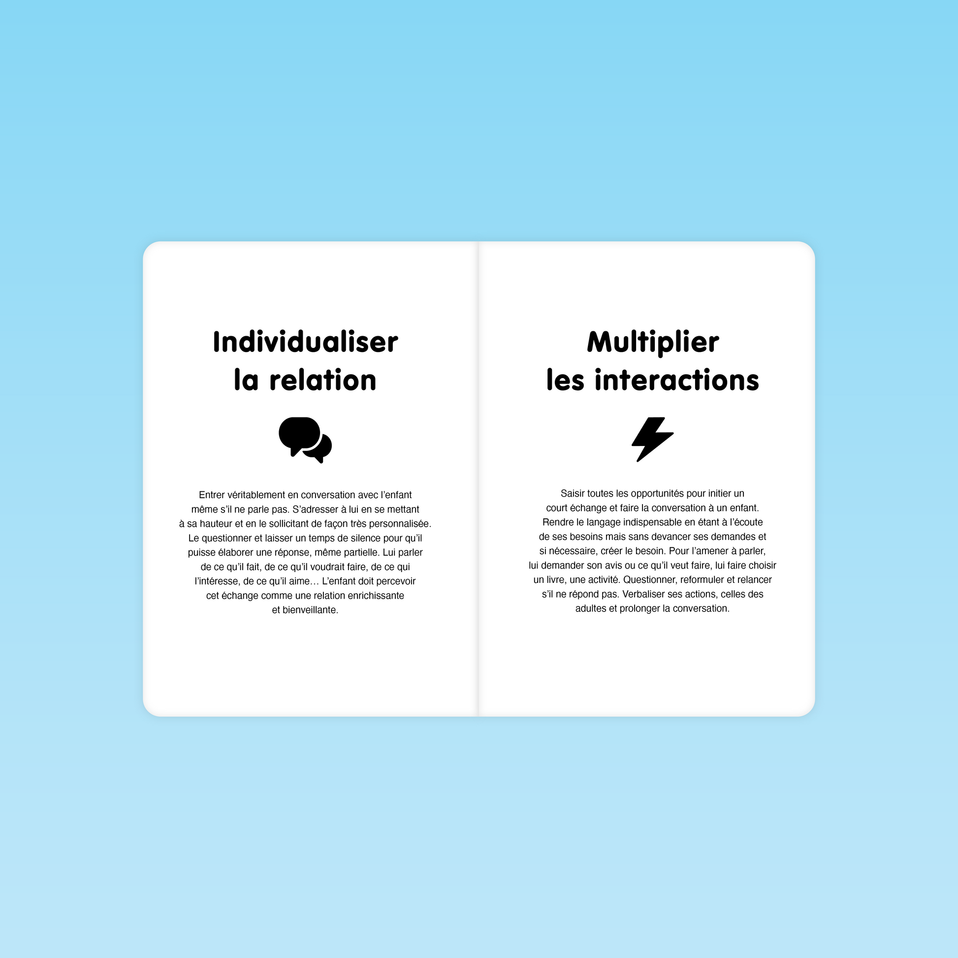 double page illustrant deux techniques langagières : individualiser la relation et multiplier les interactions à l’oral