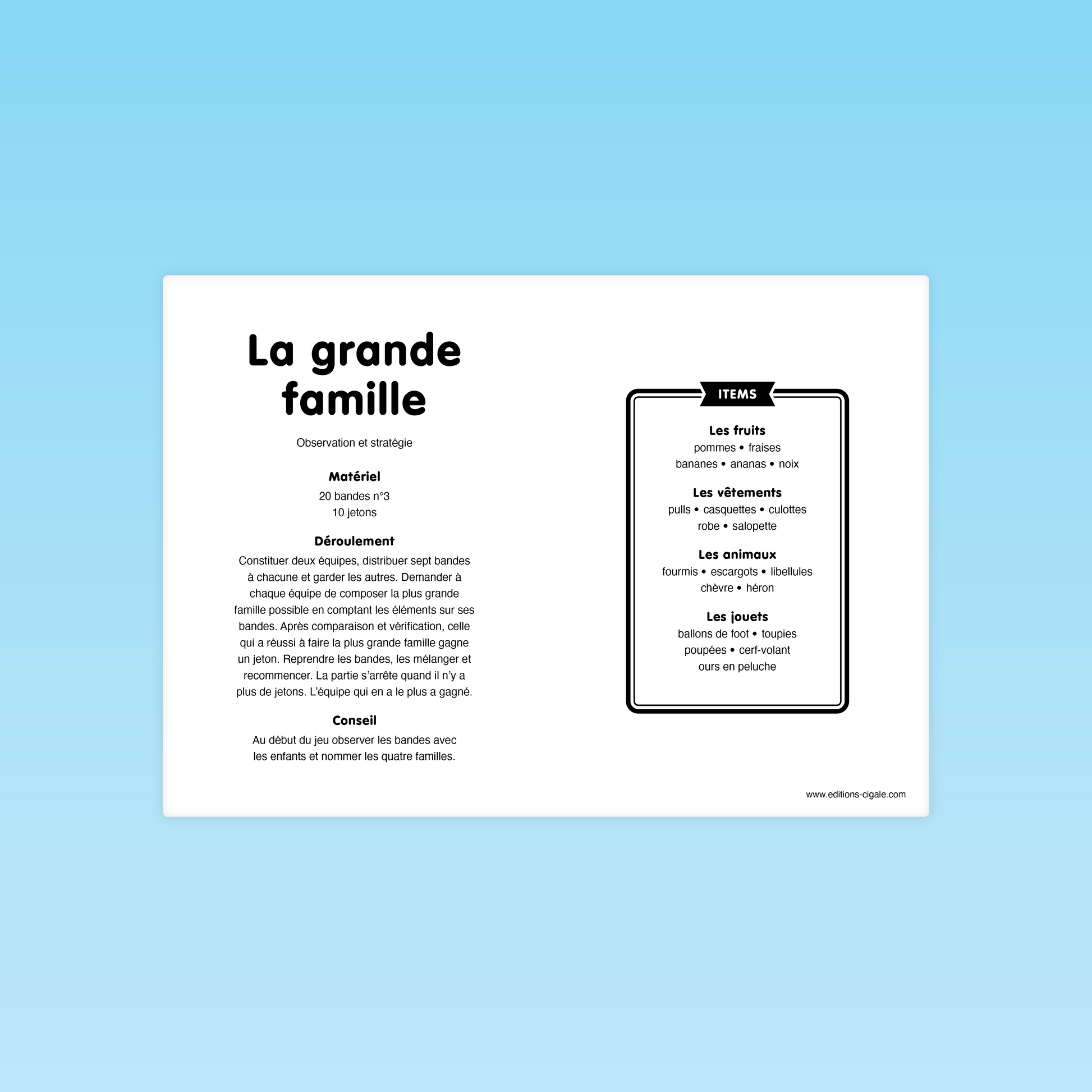 Règle du jeu La grande famille – observation et catégorisation en maternelle