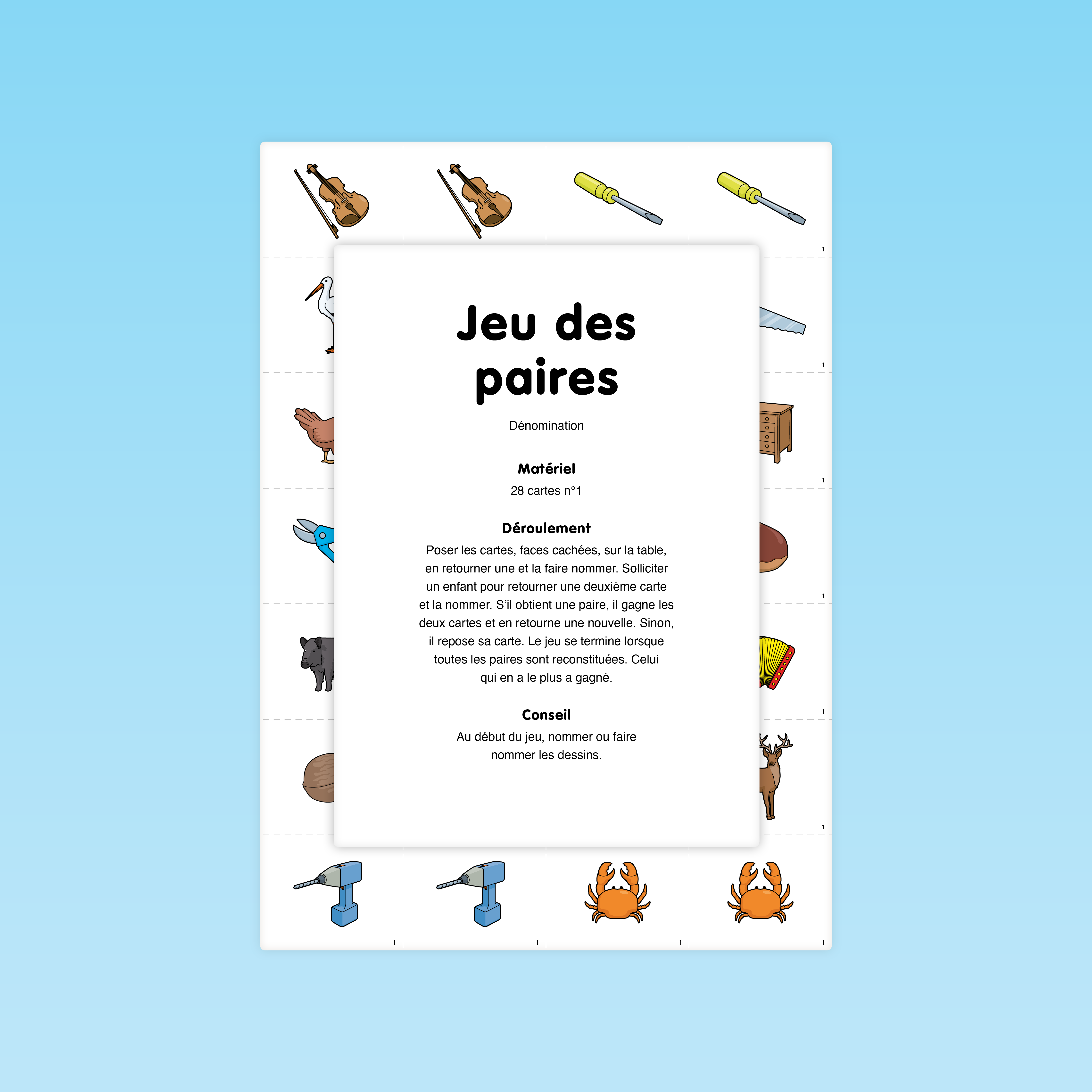 Couverture du jeu de langage Jeu des paires (MS) des Éditions La Cigale, pour travailler la dénomination et la mémoire visuelle