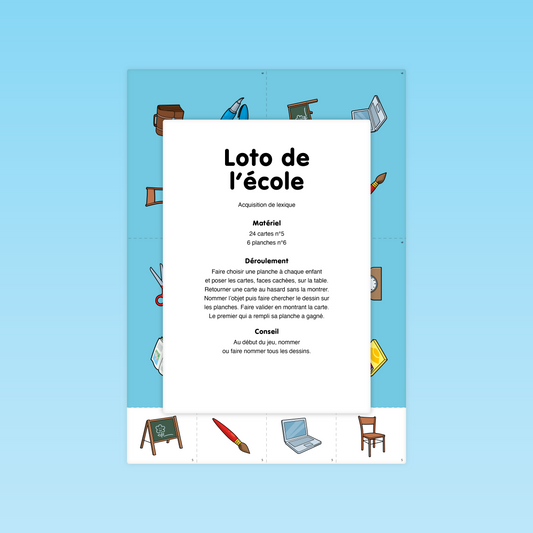 Couverture du jeu de langage Loto de l’école (PS) des Éditions La Cigale, pour apprendre le vocabulaire de la classe