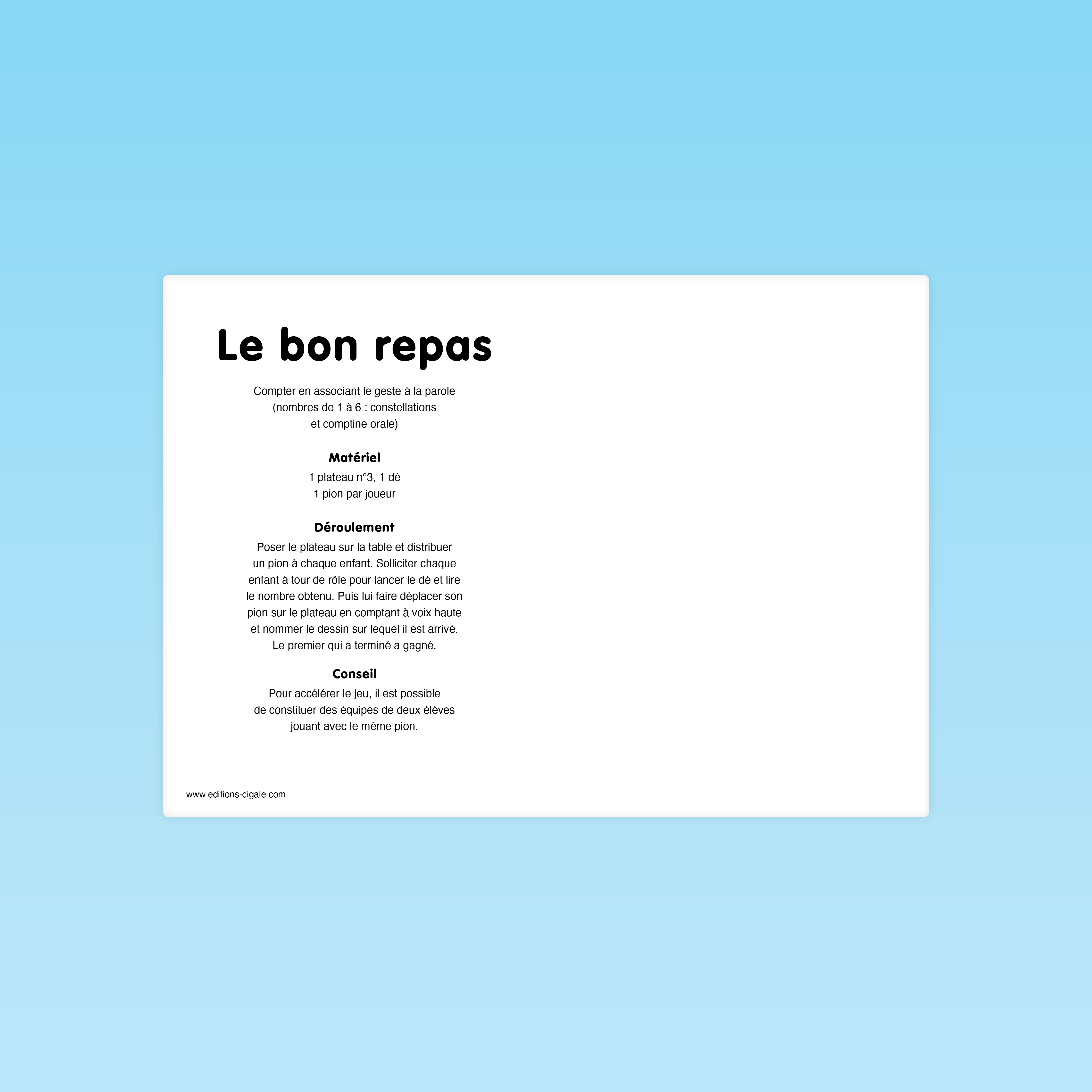 Règle du jeu Le bon repas pour travailler la comptine numérique et le dénombrement